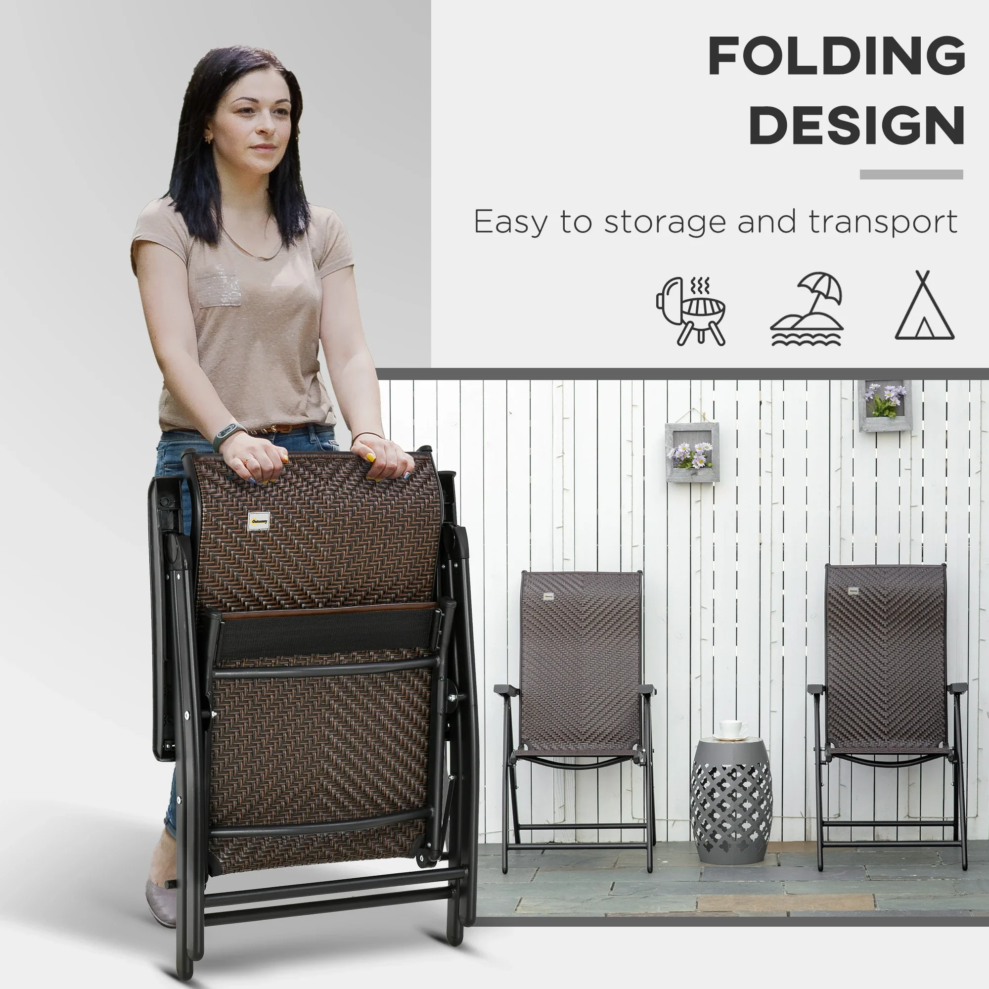 2PCs Outdoor Wicker Folding Chairs, Adjustable Backrest, Brown - Image 4