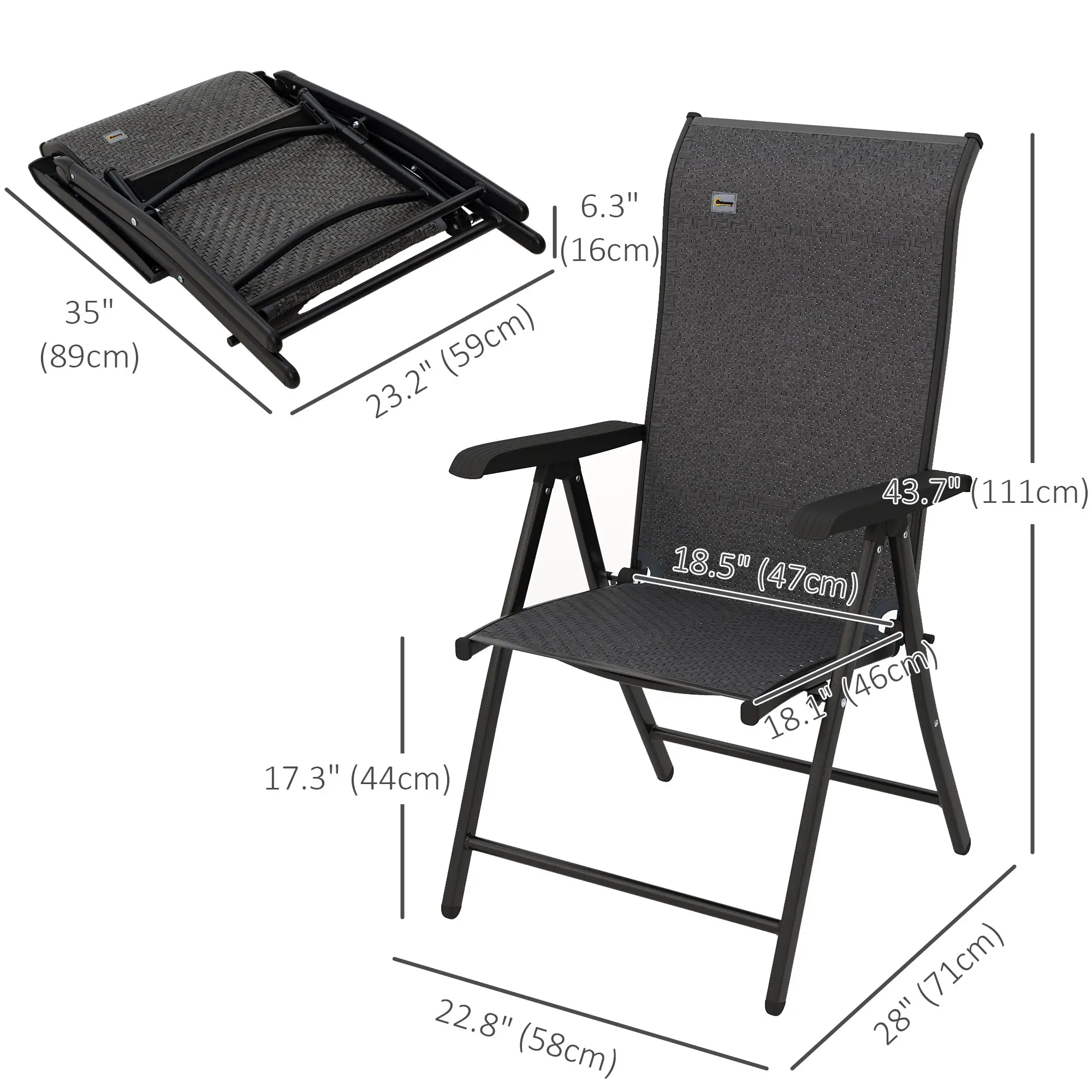 2PCs Outdoor Wicker Folding Chairs, Adjustable Backrest, Grey - Image 3