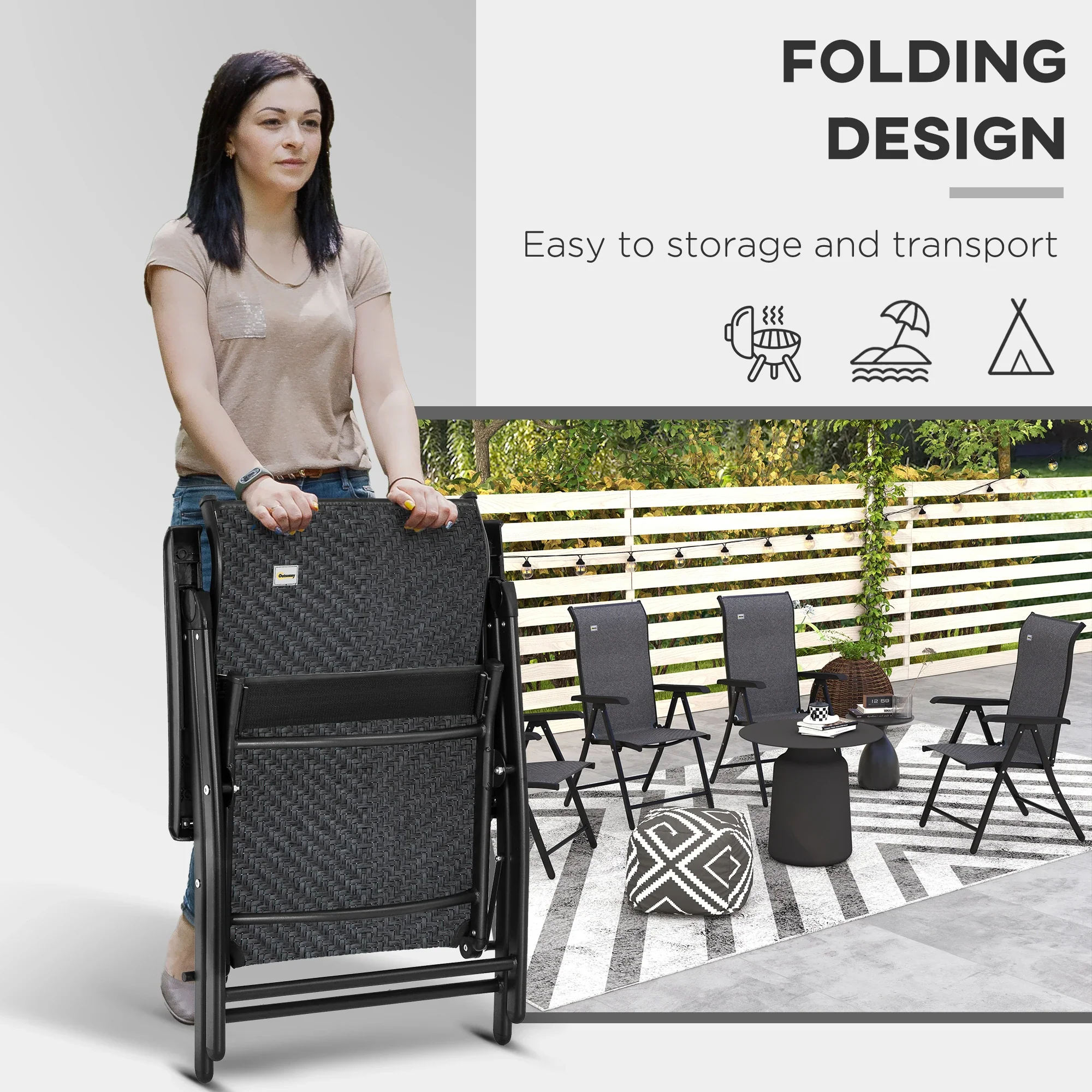 2PCs Outdoor Wicker Folding Chairs, Adjustable Backrest, Grey - Image 4