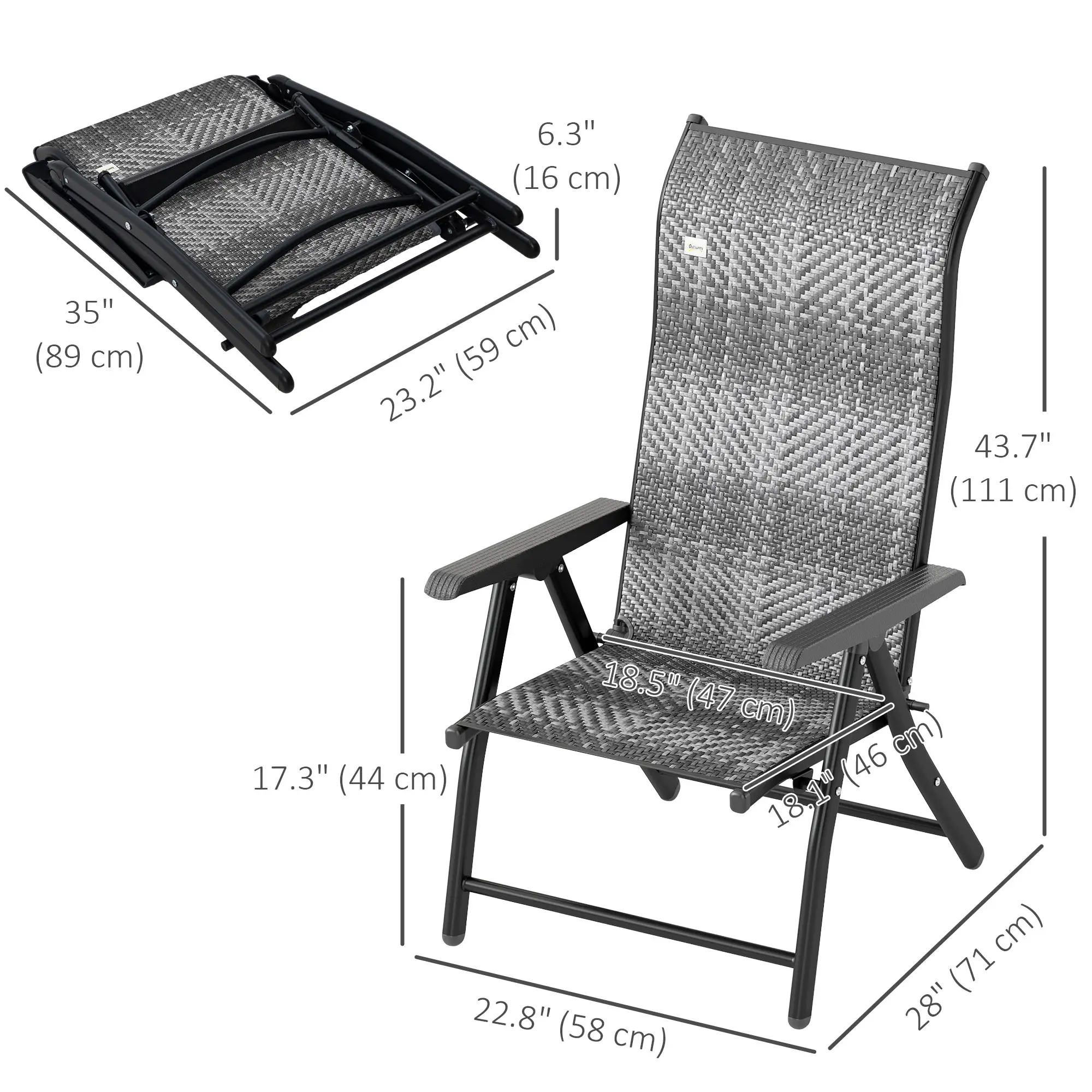 2PCs Outdoor Wicker Folding Chairs, Adjustable Backrest, Mixed Grey, Grey - Image 3