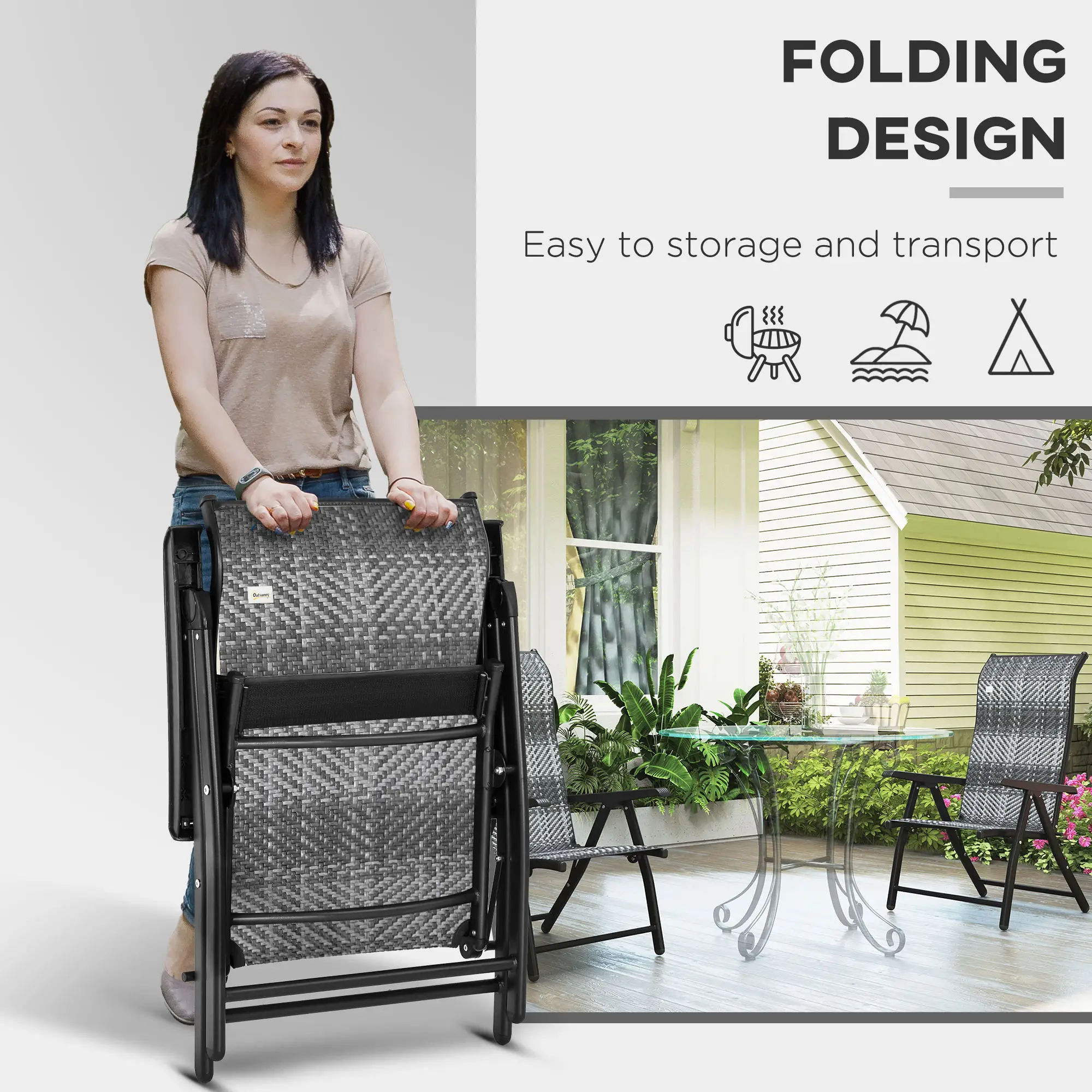 2PCs Outdoor Wicker Folding Chairs, Adjustable Backrest, Mixed Grey, Grey - Image 4