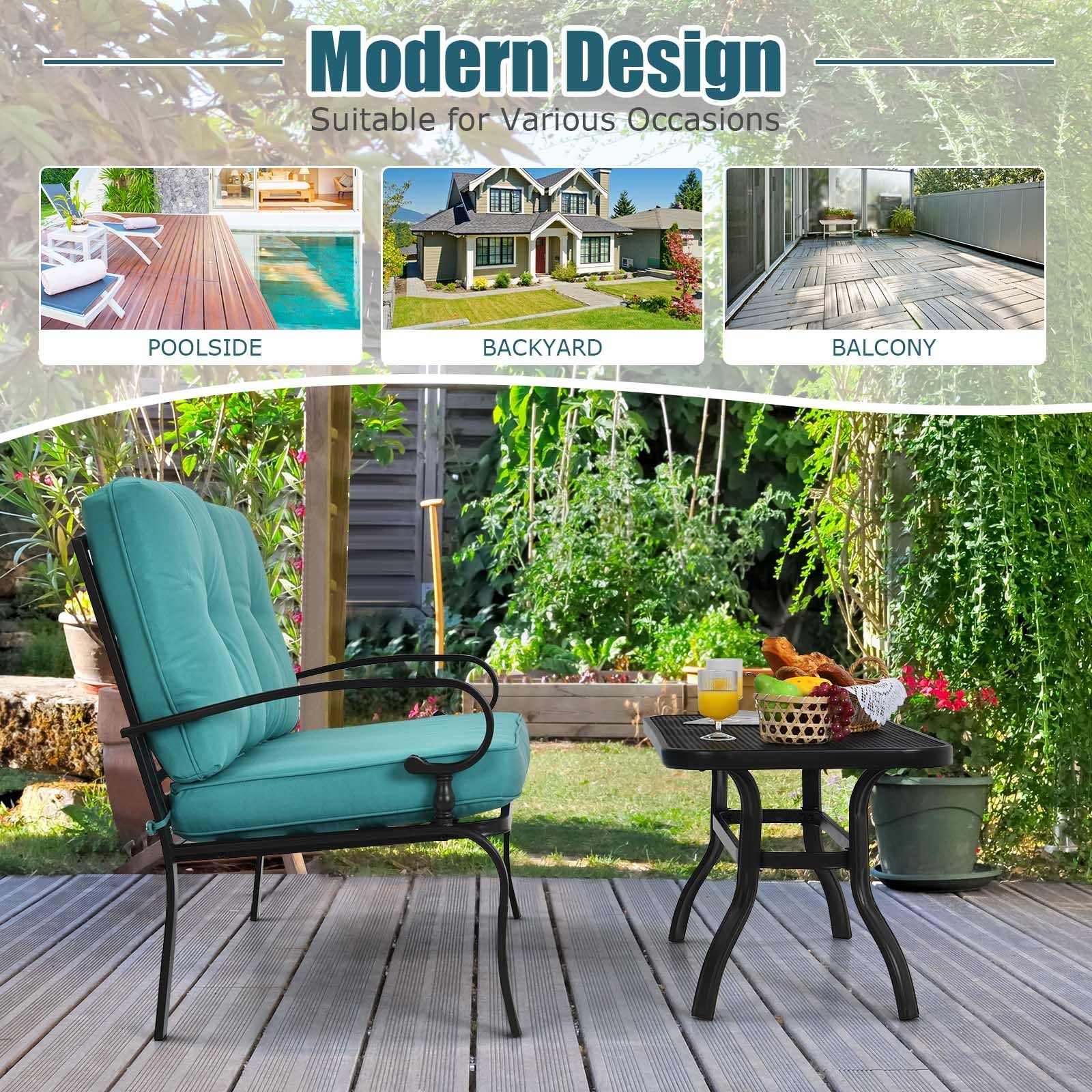 2PCS Patio Loveseat Bench Table Set, Cushioned Chair, Turquoise - Image 3