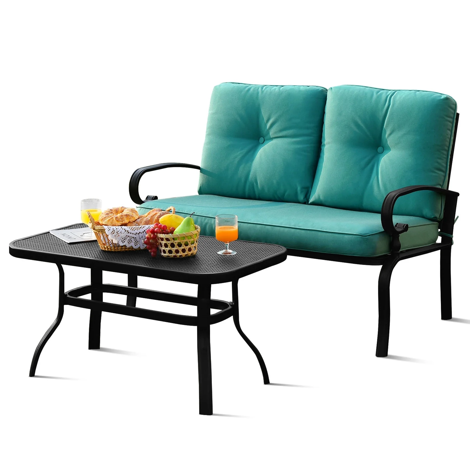 2PCS Patio Loveseat Bench Table Set, Cushioned Chair, Turquoise - Image 4