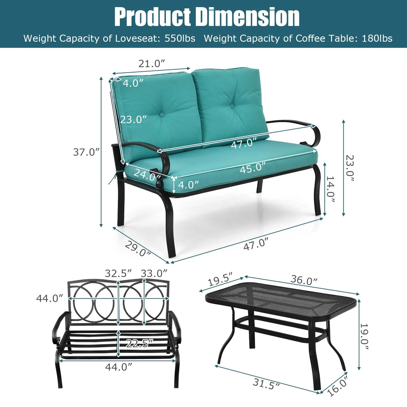2PCS Patio Loveseat Bench Table Set, Cushioned Chair, Turquoise - Image 5