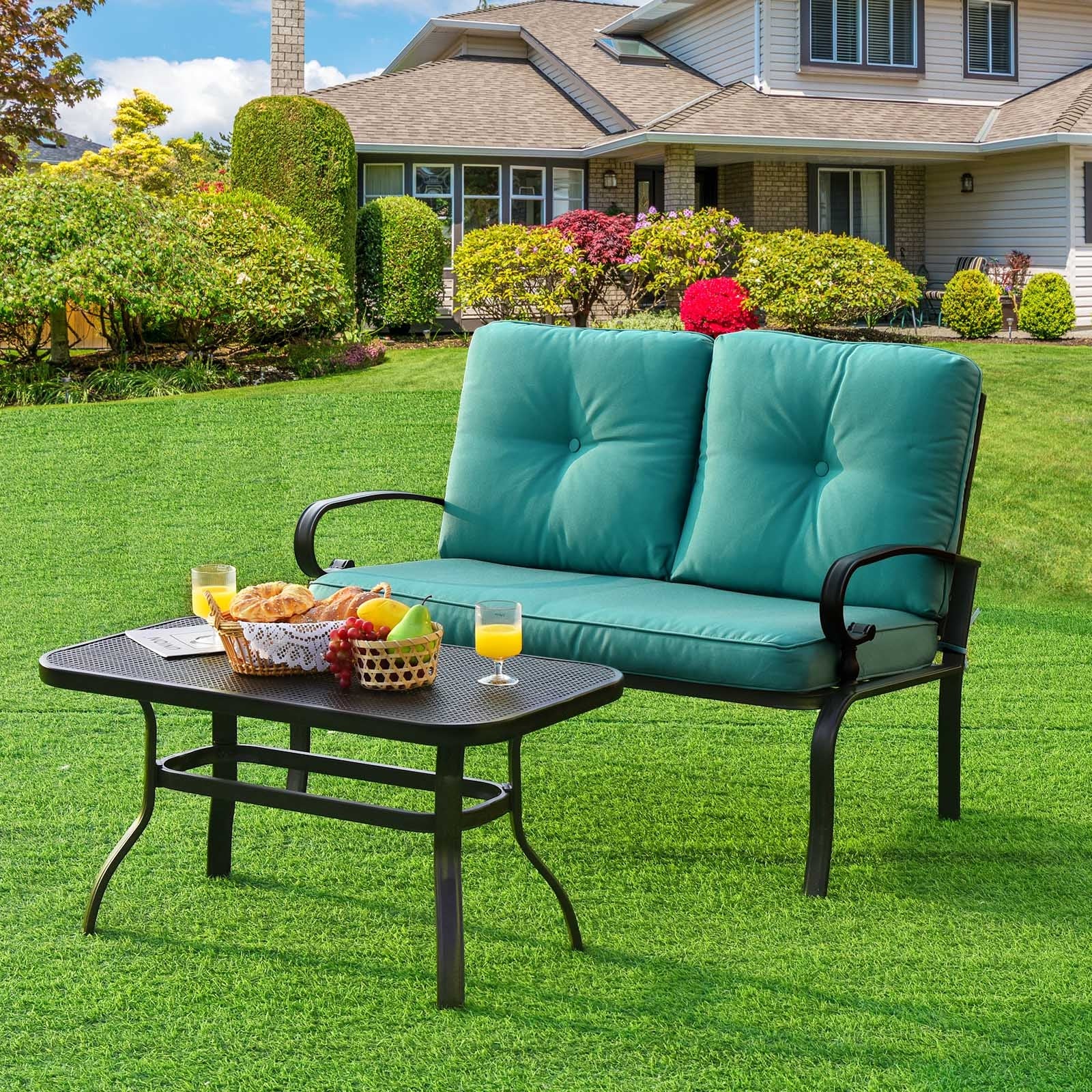 2PCS Patio Loveseat Bench Table Set, Cushioned Chair, Turquoise - Image 7
