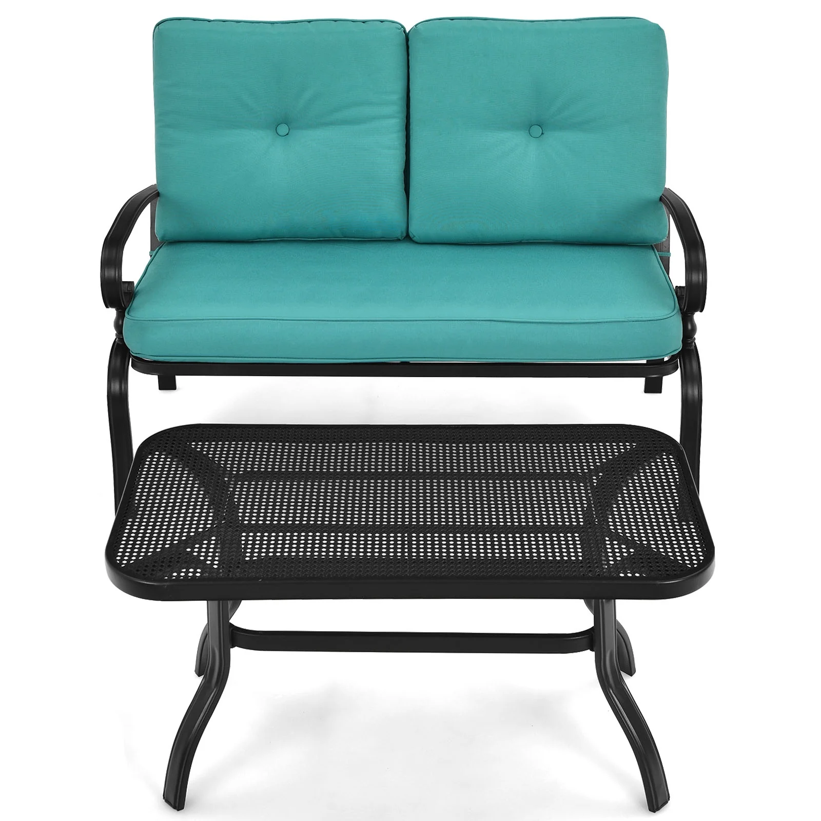2PCS Patio Loveseat Bench Table Set, Cushioned Chair, Turquoise - Image 8