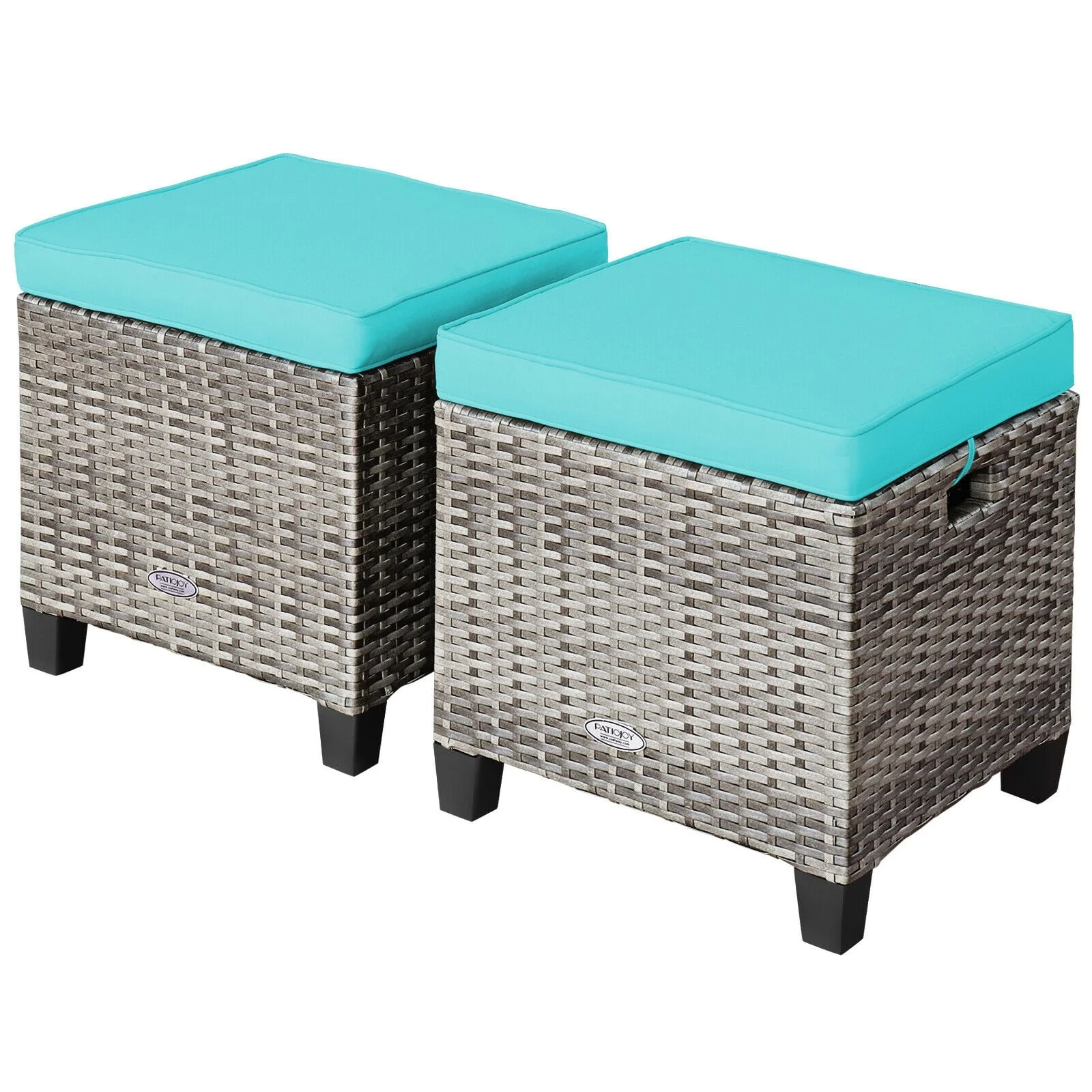 2PCS Rattan Ottoman Seat With Removable Cushions, Turquoise