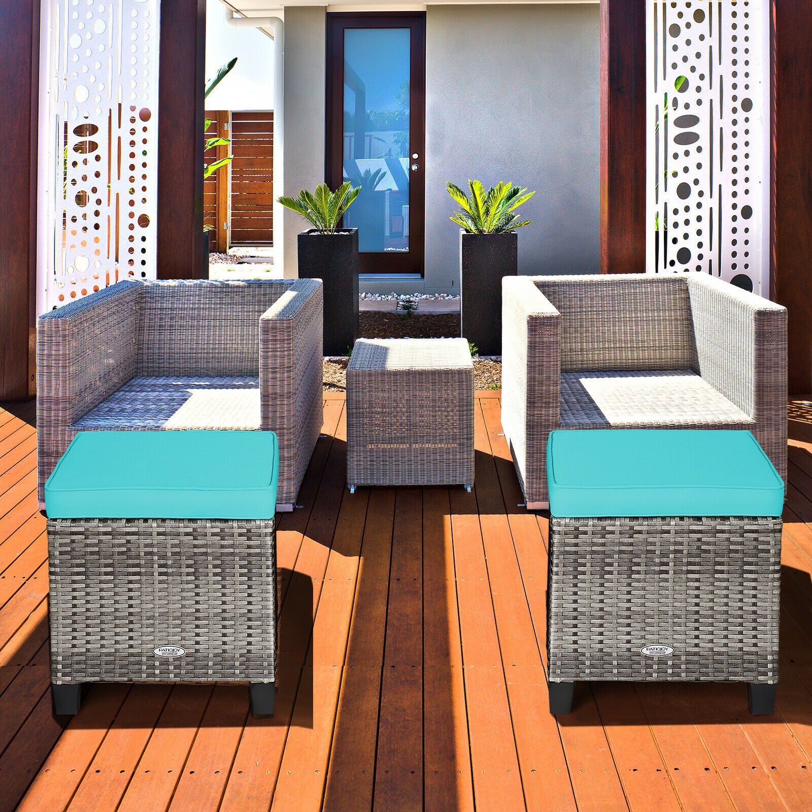 2PCS Rattan Ottoman Seat With Removable Cushions, Turquoise - Image 9