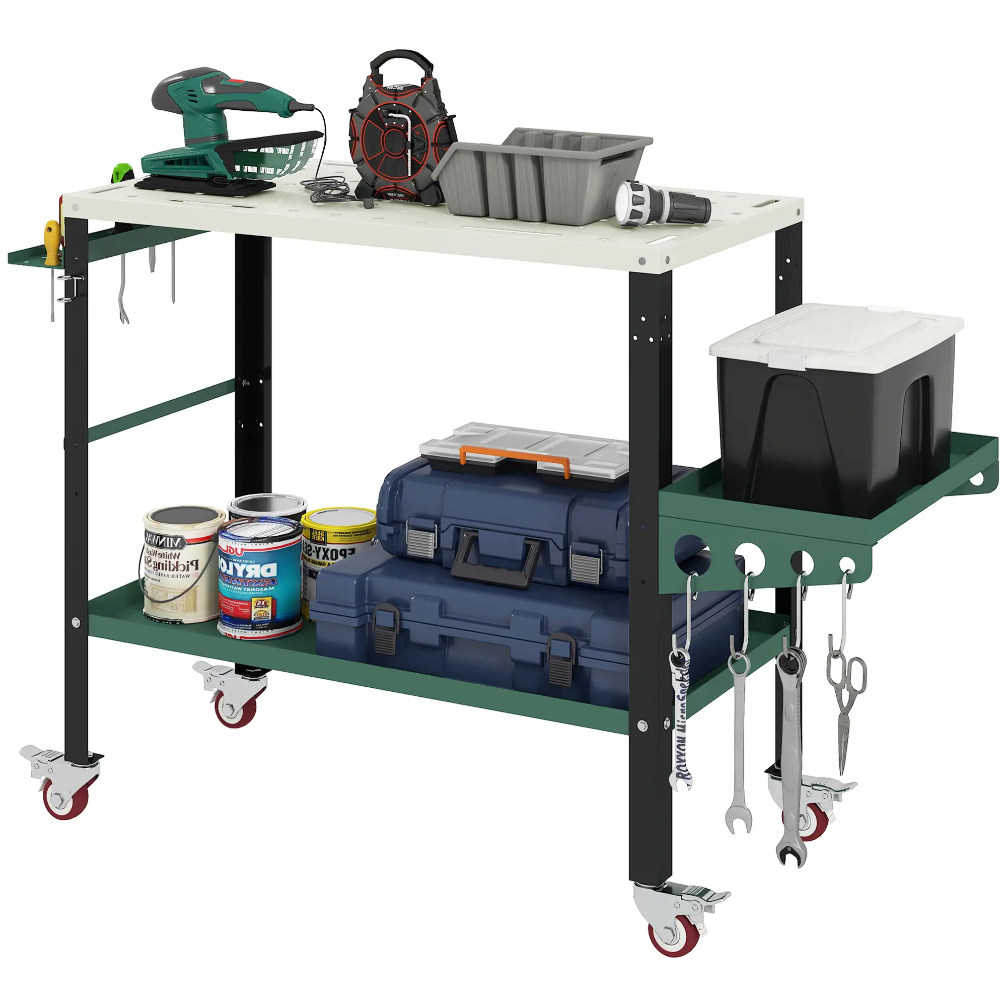 2Tier Rolling Tool Cart with Wheels, Lockable Steel Heavy Duty Cart with Side Tray, Silver &; Green