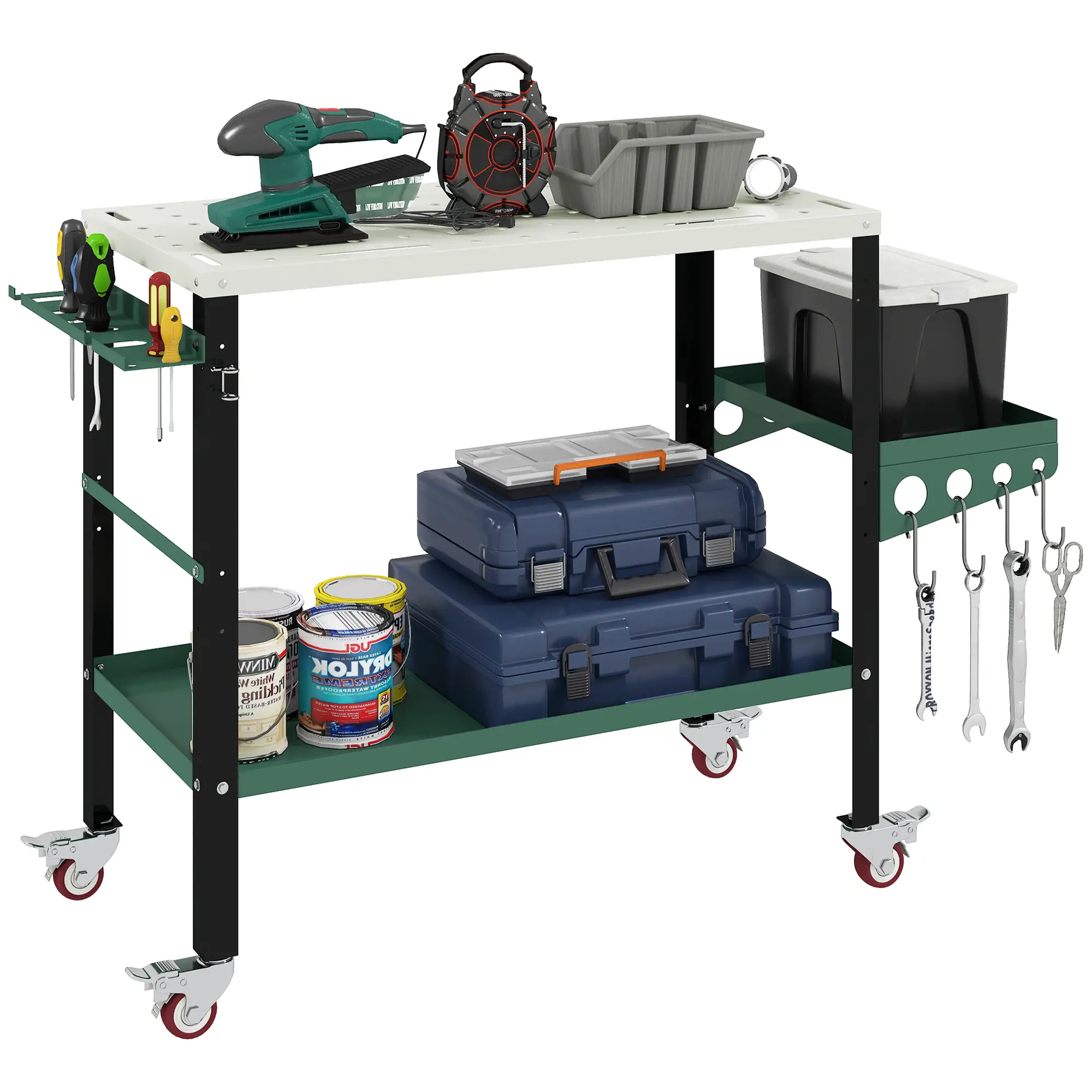 2Tier Rolling Tool Cart with Wheels, Lockable Steel Heavy Duty Cart with Side Tray, Silver &; Green - Image 11