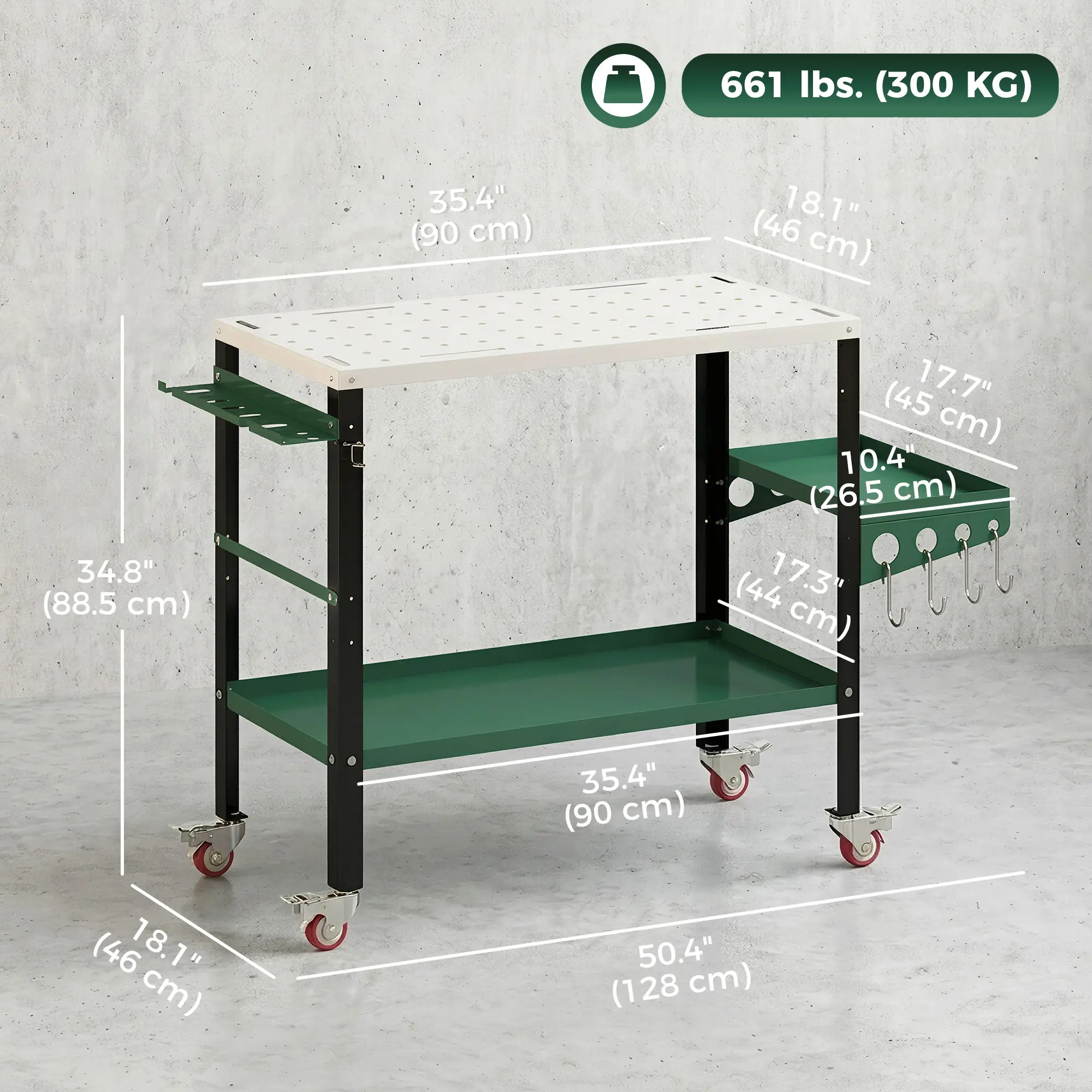 2Tier Rolling Tool Cart with Wheels, Lockable Steel Heavy Duty Cart with Side Tray, Silver &; Green - Image 3