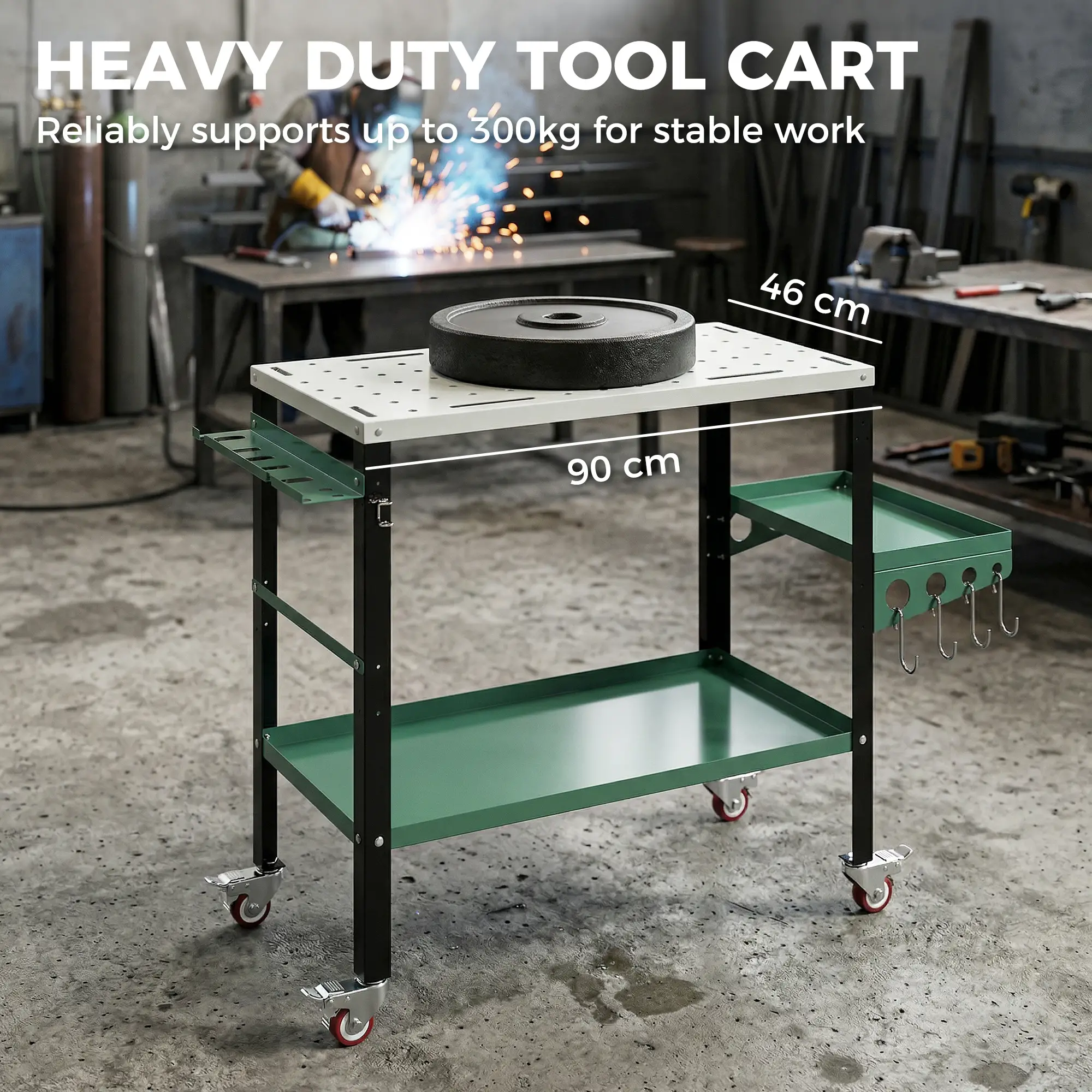 2Tier Rolling Tool Cart with Wheels, Lockable Steel Heavy Duty Cart with Side Tray, Silver &; Green - Image 4