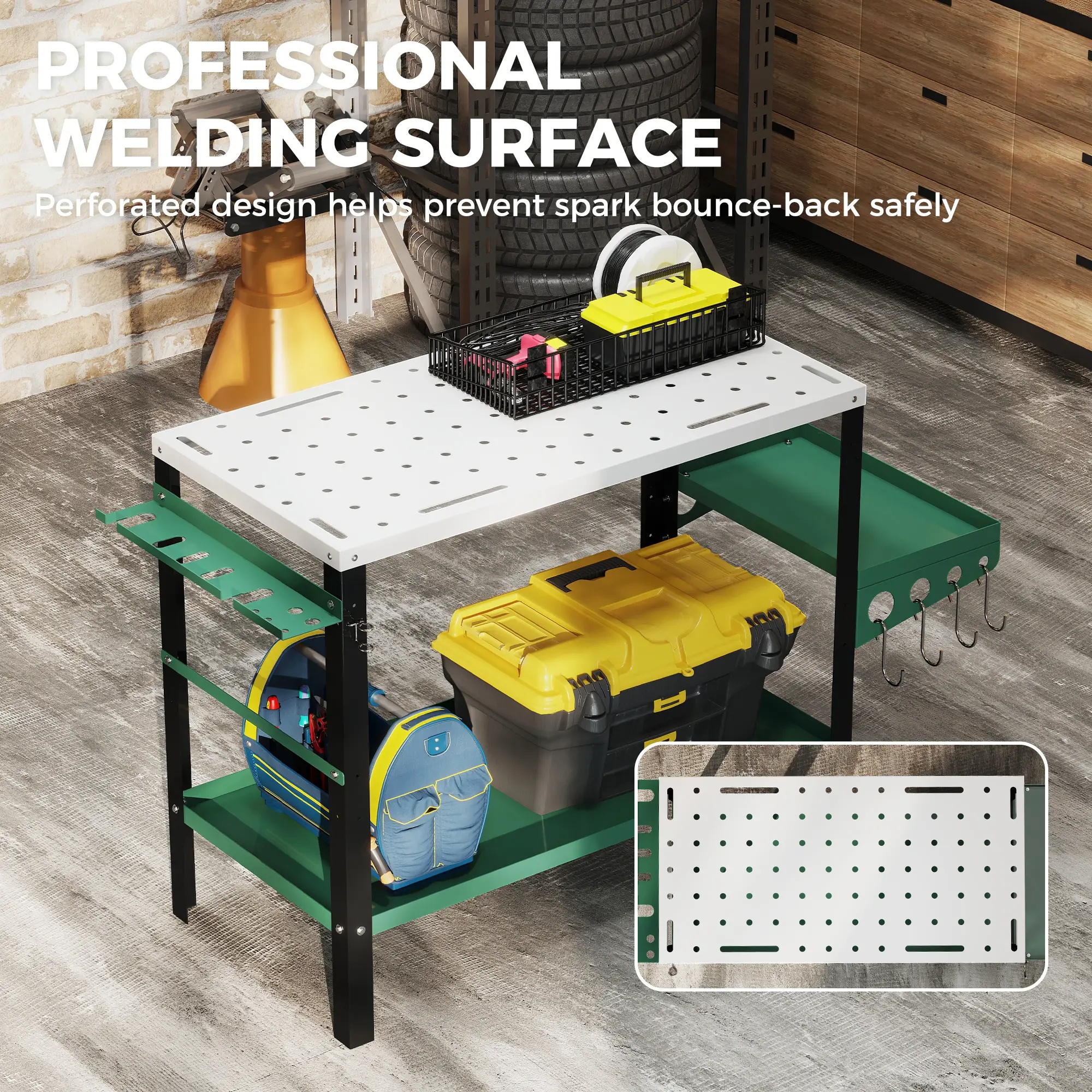 2Tier Rolling Tool Cart with Wheels, Lockable Steel Heavy Duty Cart with Side Tray, Silver &; Green - Image 5