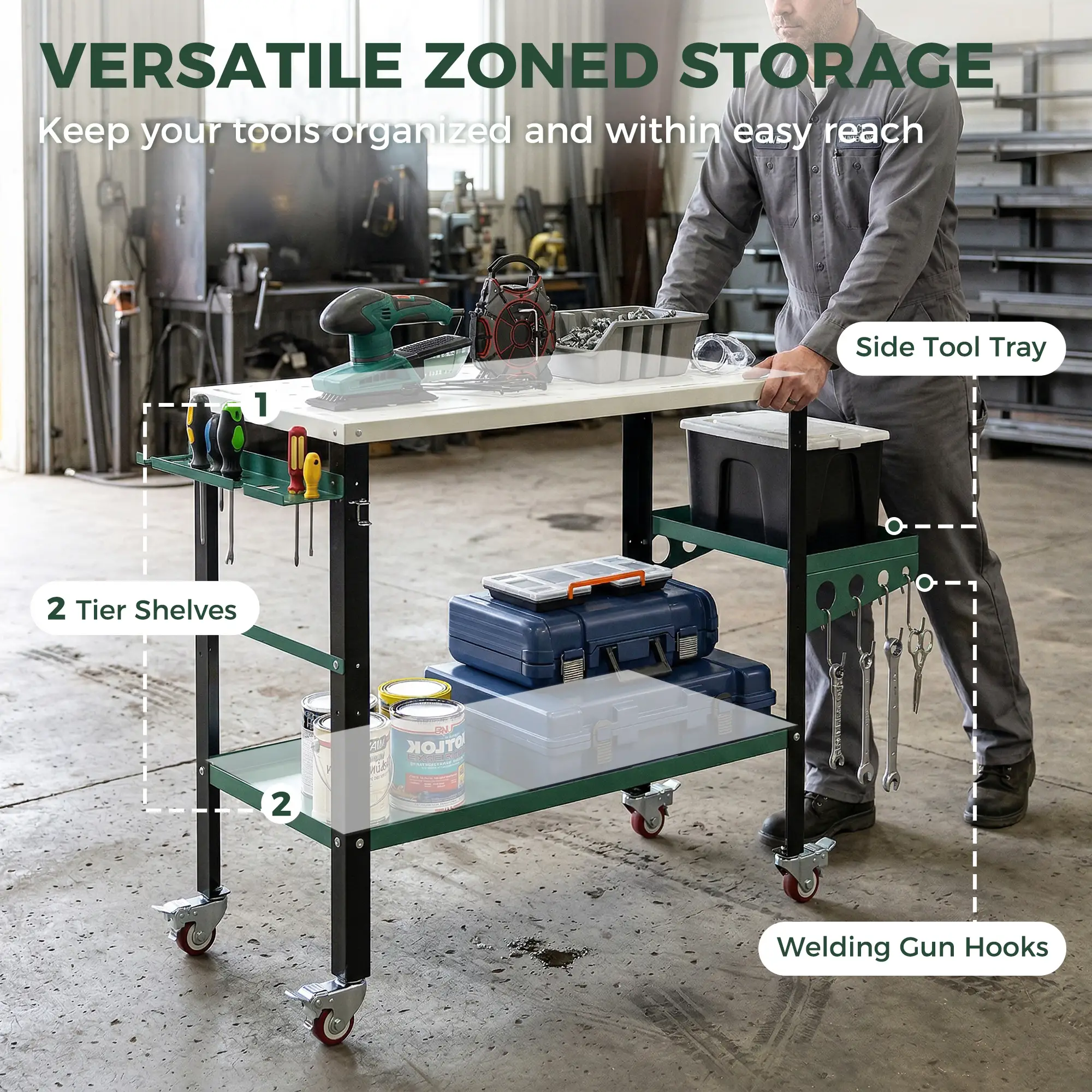 2Tier Rolling Tool Cart with Wheels, Lockable Steel Heavy Duty Cart with Side Tray, Silver &; Green - Image 6