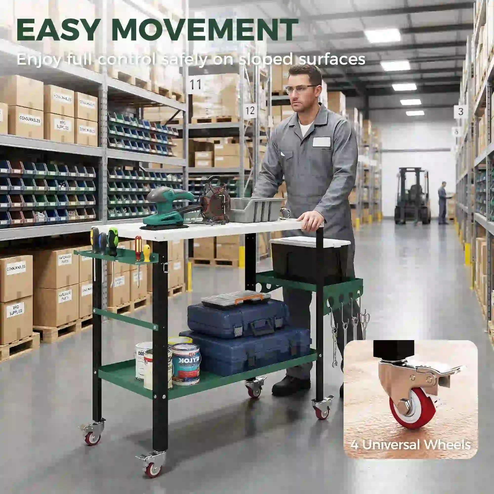 2Tier Rolling Tool Cart with Wheels, Lockable Steel Heavy Duty Cart with Side Tray, Silver &; Green - Image 7