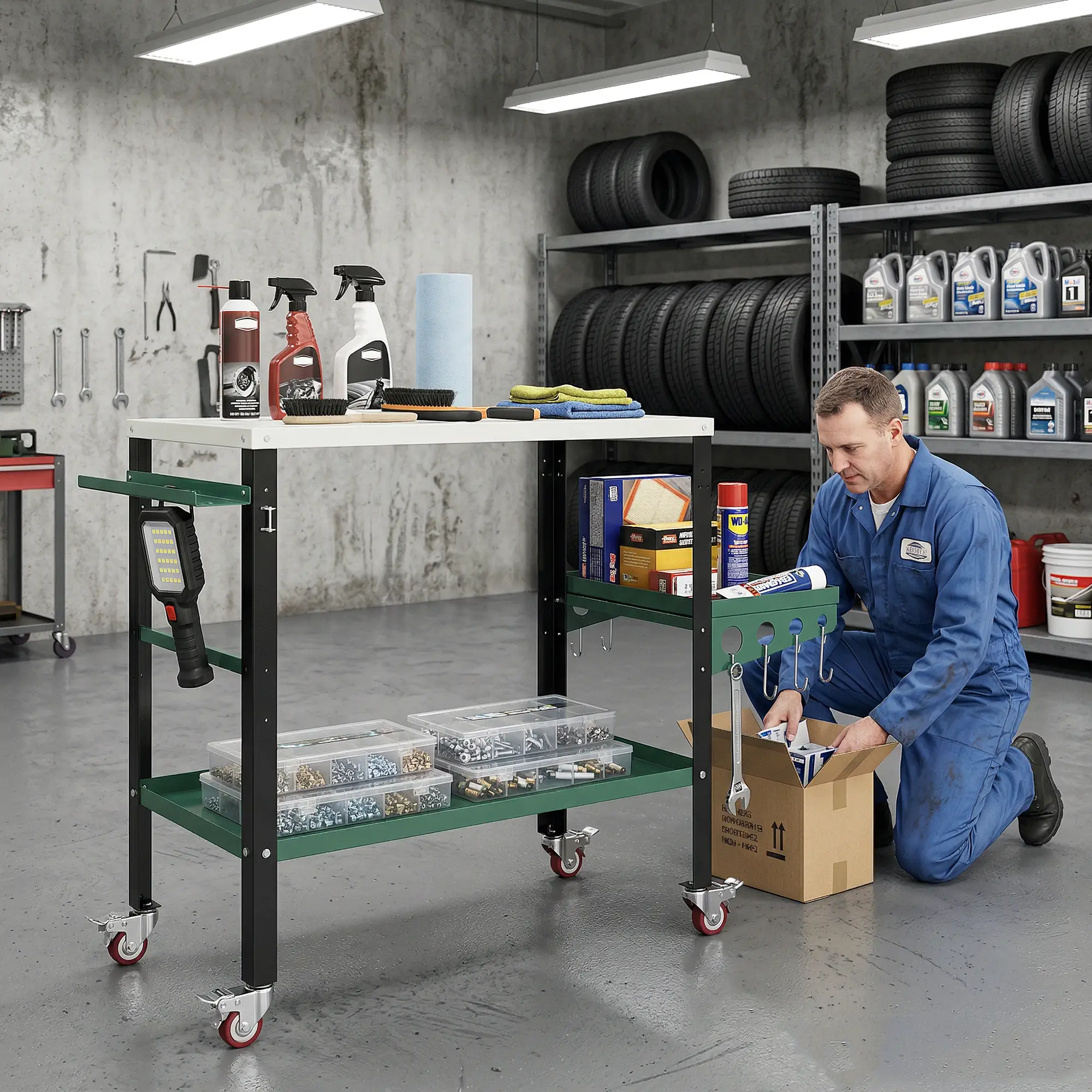 2Tier Rolling Tool Cart with Wheels, Lockable Steel Heavy Duty Cart with Side Tray, Silver &; Green - Image 8