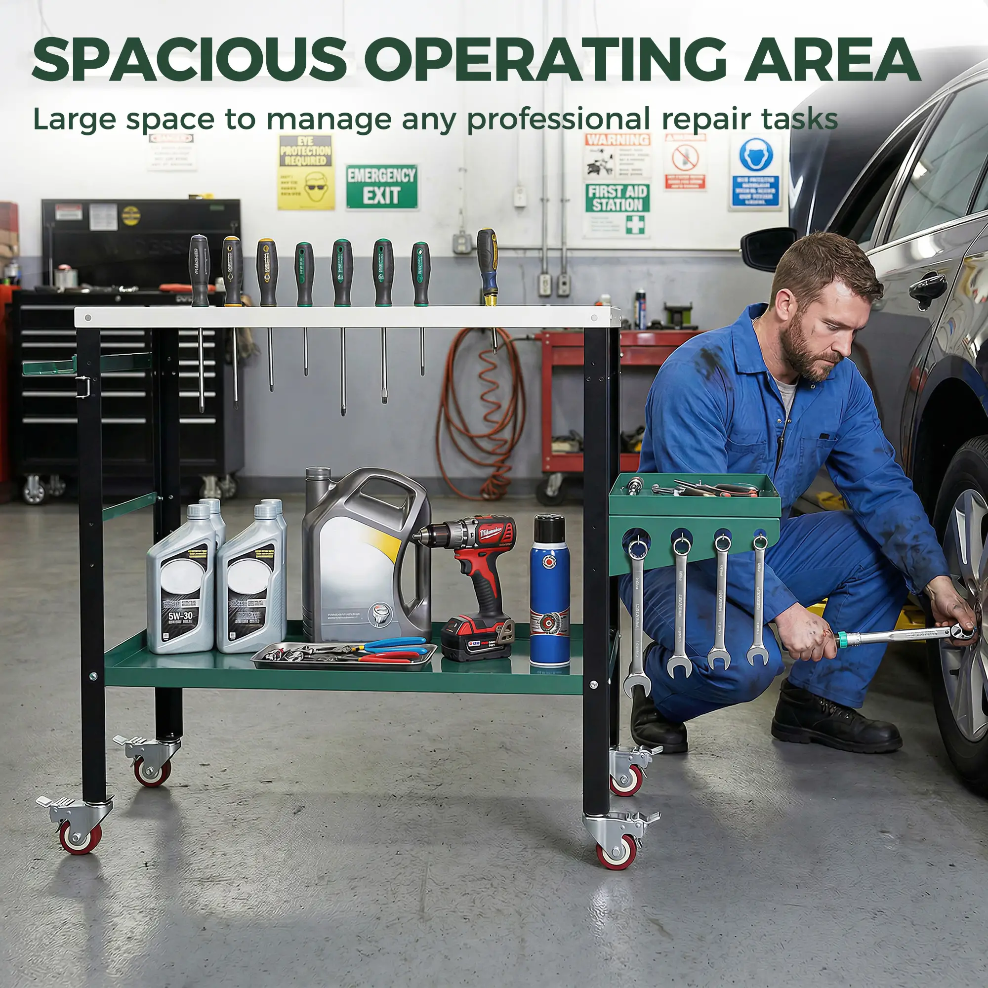 2Tier Rolling Tool Cart with Wheels, Lockable Steel Heavy Duty Cart with Side Tray, Silver &; Green - Image 9