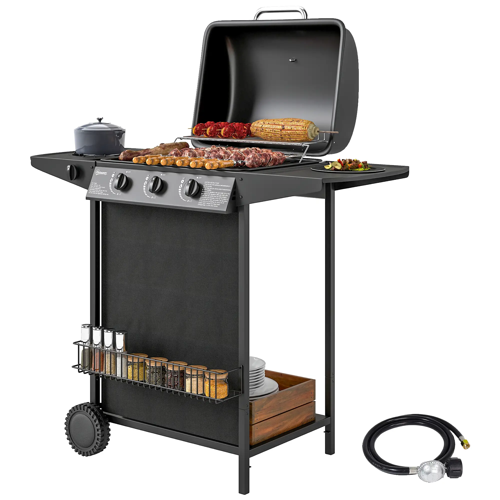 3+1 Burner Propane Gas BBQ Grill, Portable With Side Burner, Thermometer, Black