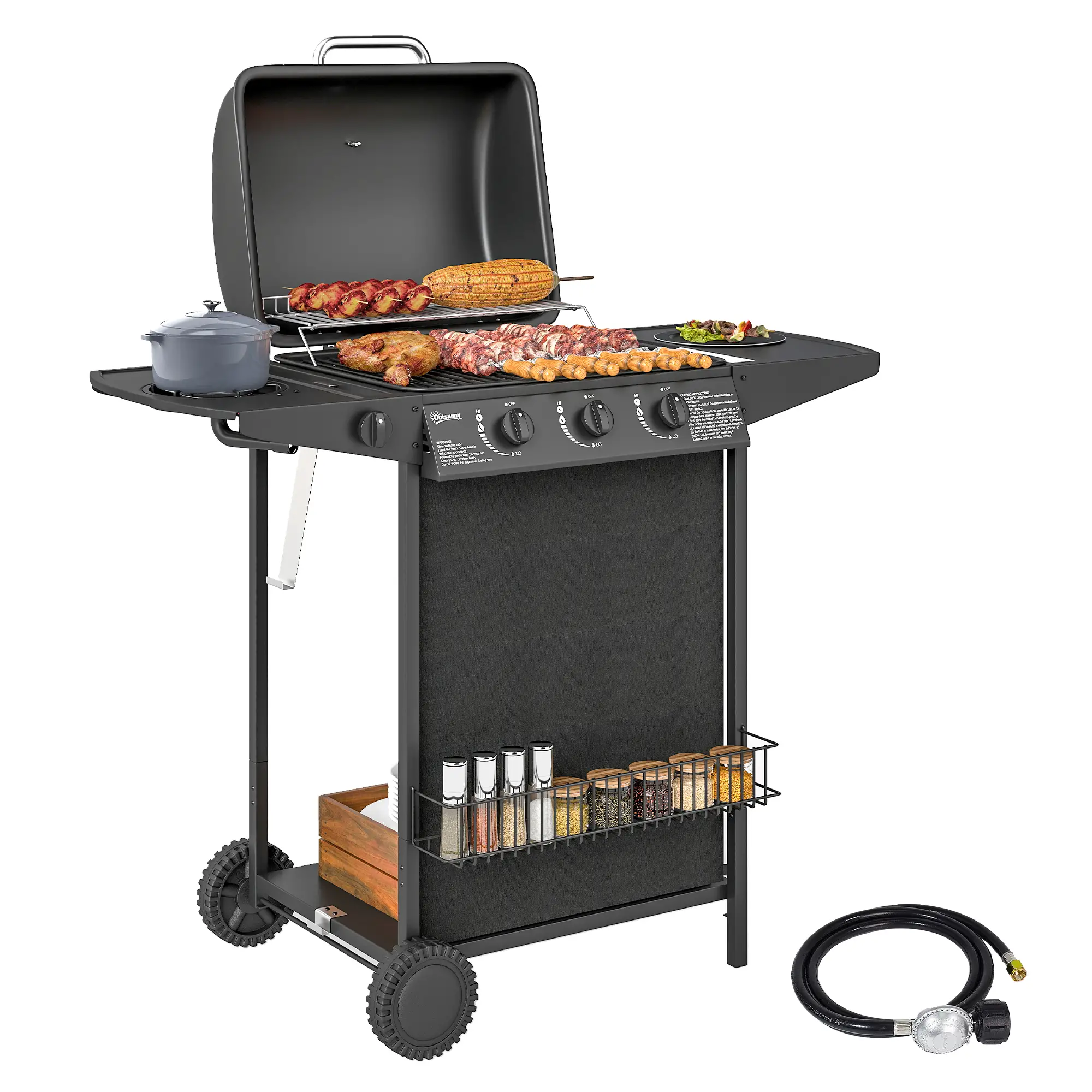 3+1 Burner Propane Gas BBQ Grill, Portable With Side Burner, Thermometer, Black - Image 11