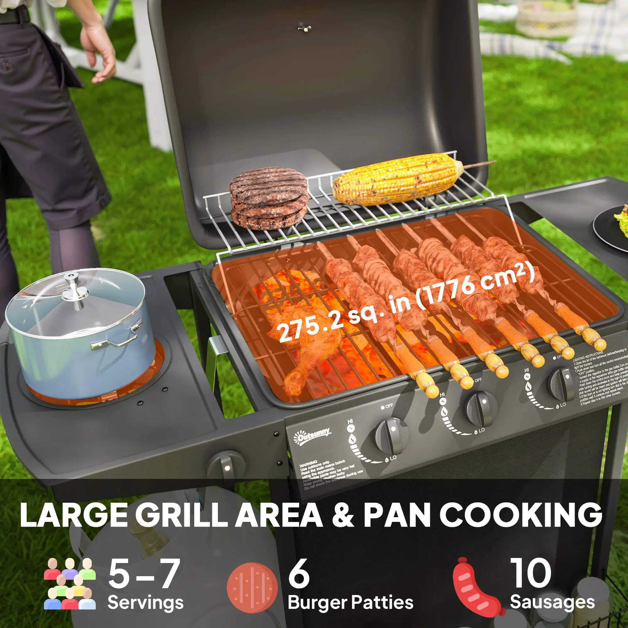 3+1 Burner Propane Gas BBQ Grill, Portable With Side Burner, Thermometer, Black - Image 4