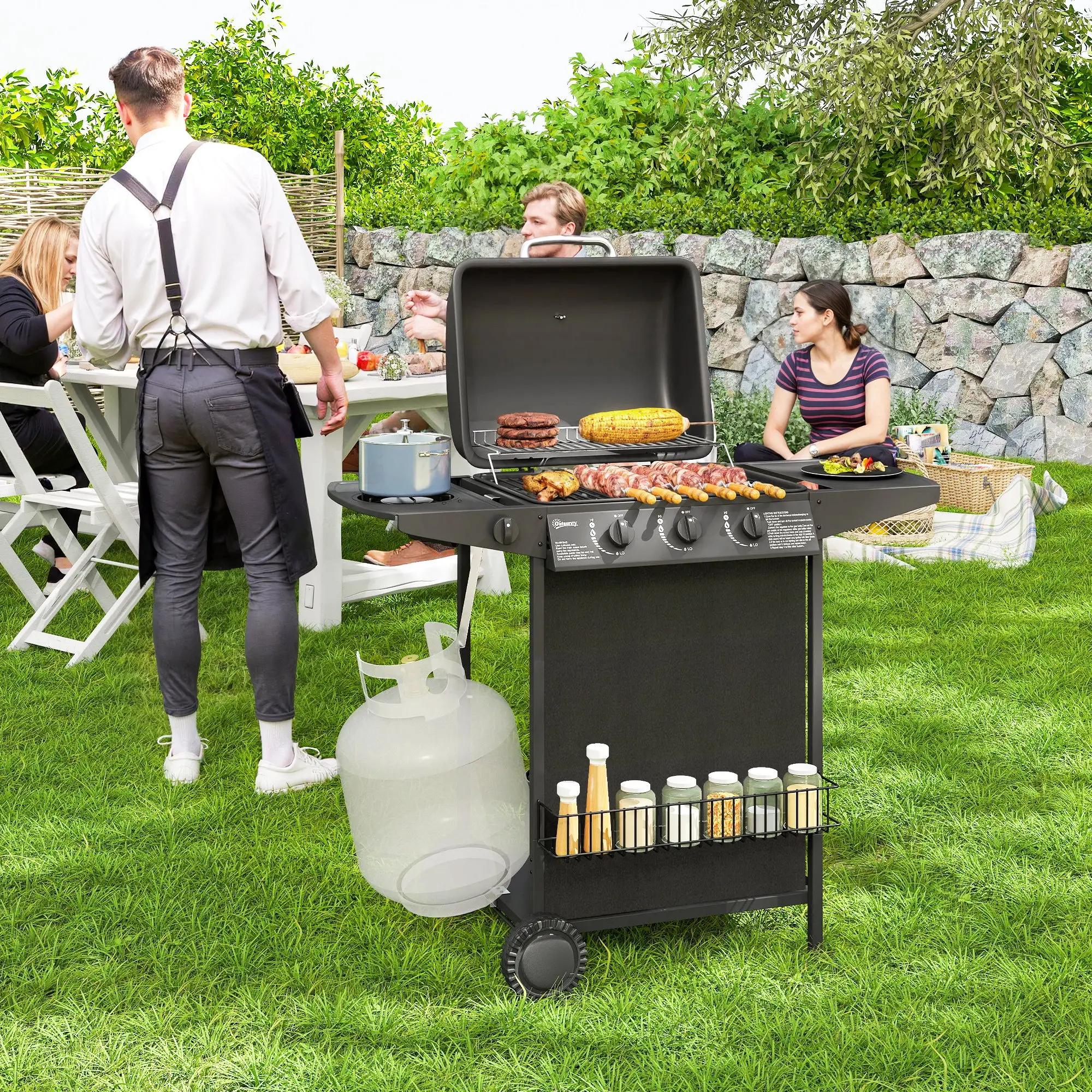 3+1 Burner Propane Gas BBQ Grill, Portable With Side Burner, Thermometer, Black - Image 8