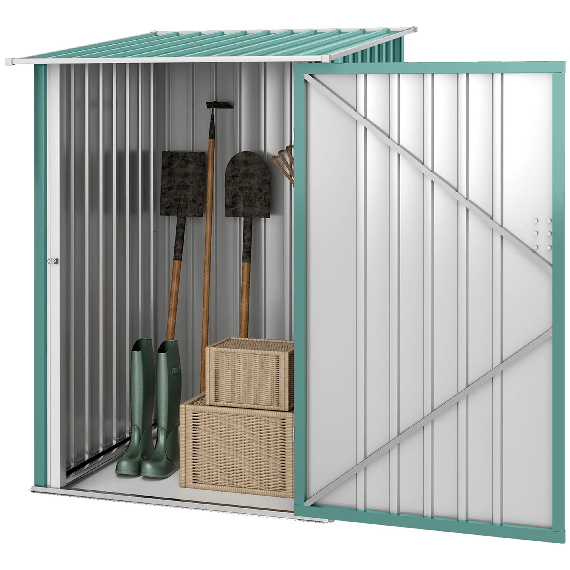 3.3' x 3.4' Lean-To Garden Shed, Galvanized Steel, Lockable Door, Green