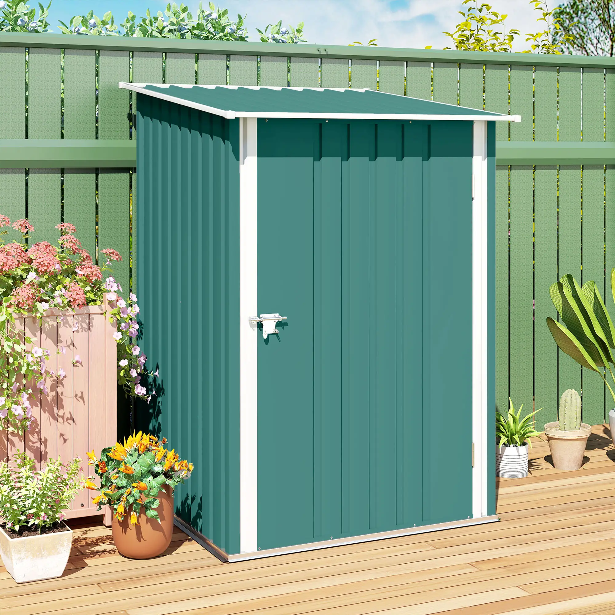 3.3' x 3.4' Lean-To Garden Shed, Galvanized Steel, Lockable Door, Green - Image 10