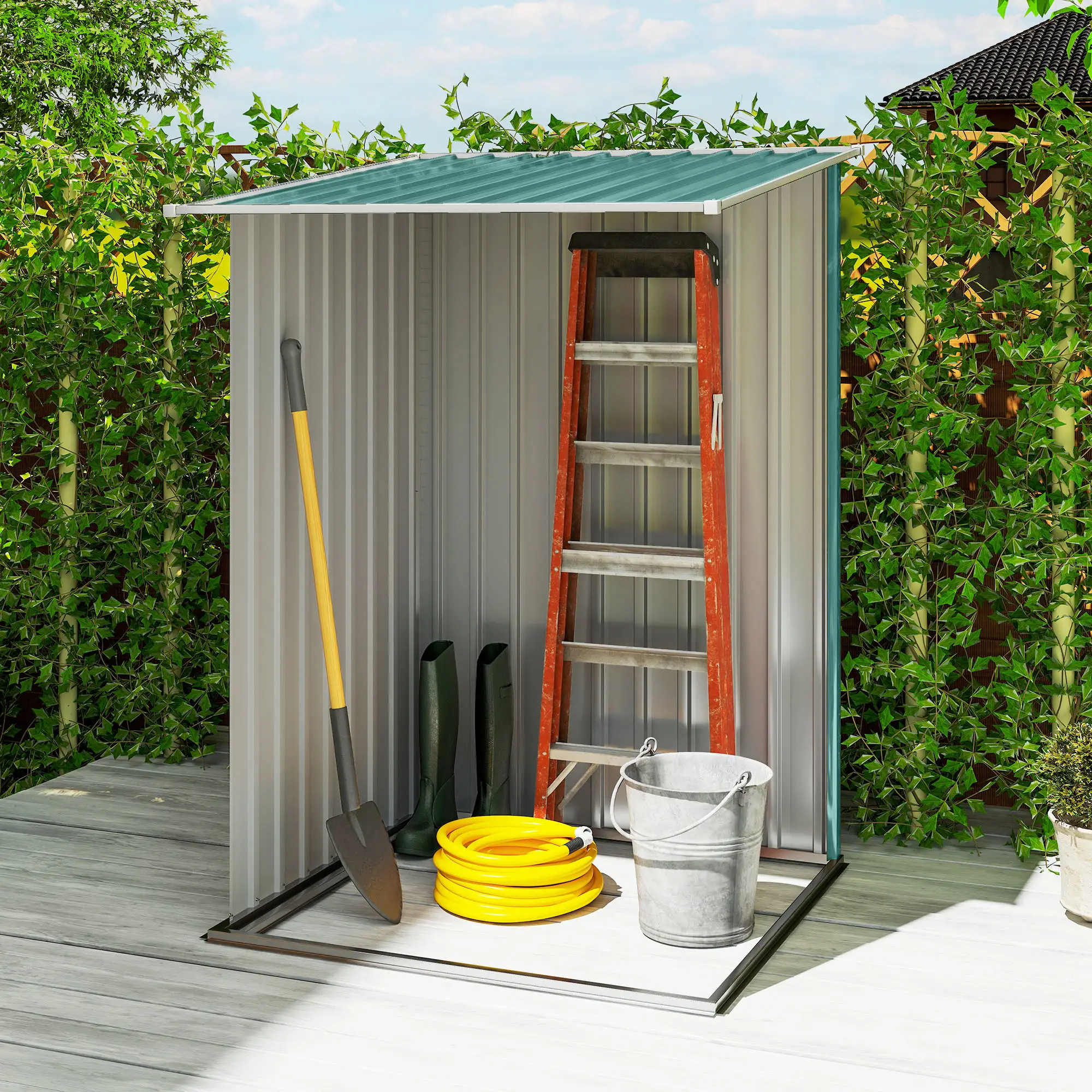 3.3' x 3.4' Lean-To Garden Shed, Galvanized Steel, Lockable Door, Green - Image 7
