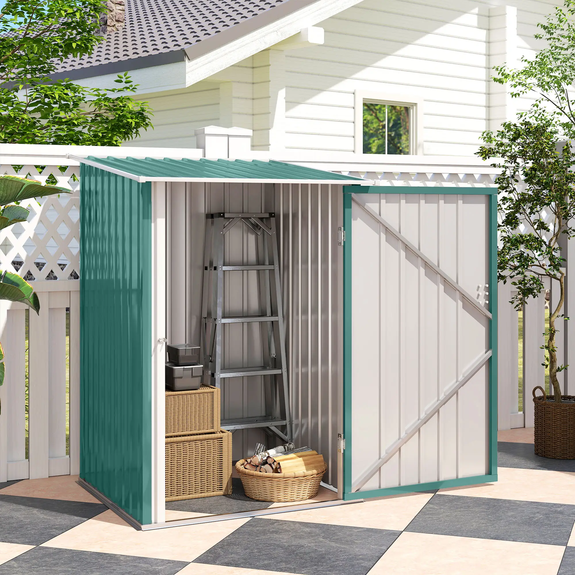 3.3' x 3.4' Lean-To Garden Shed, Galvanized Steel, Lockable Door, Green - Image 9