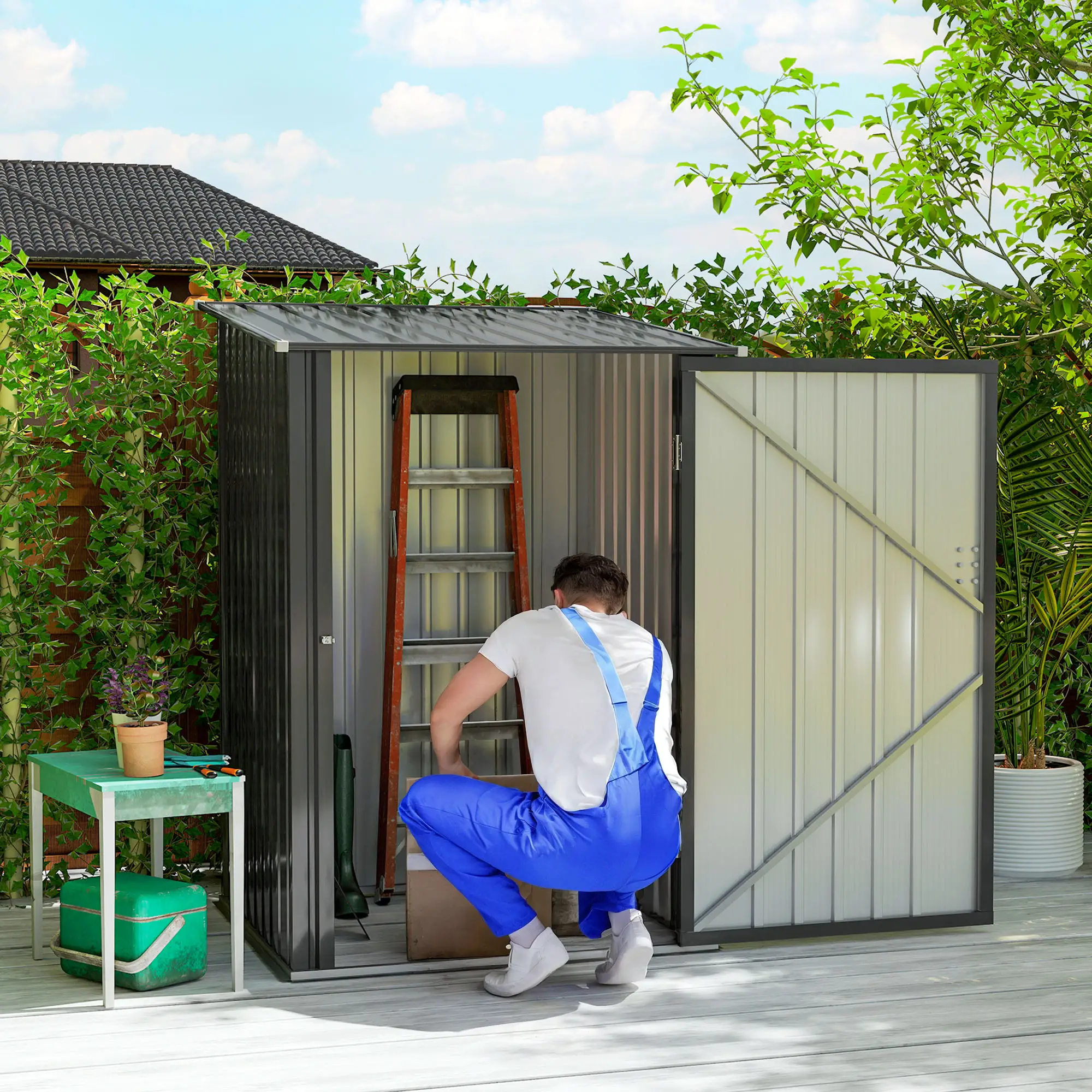 3.3' x 3.4' Lean-To Storage Shed, Galvanized Steel, Lockable Door, Dark Gray - Image 2