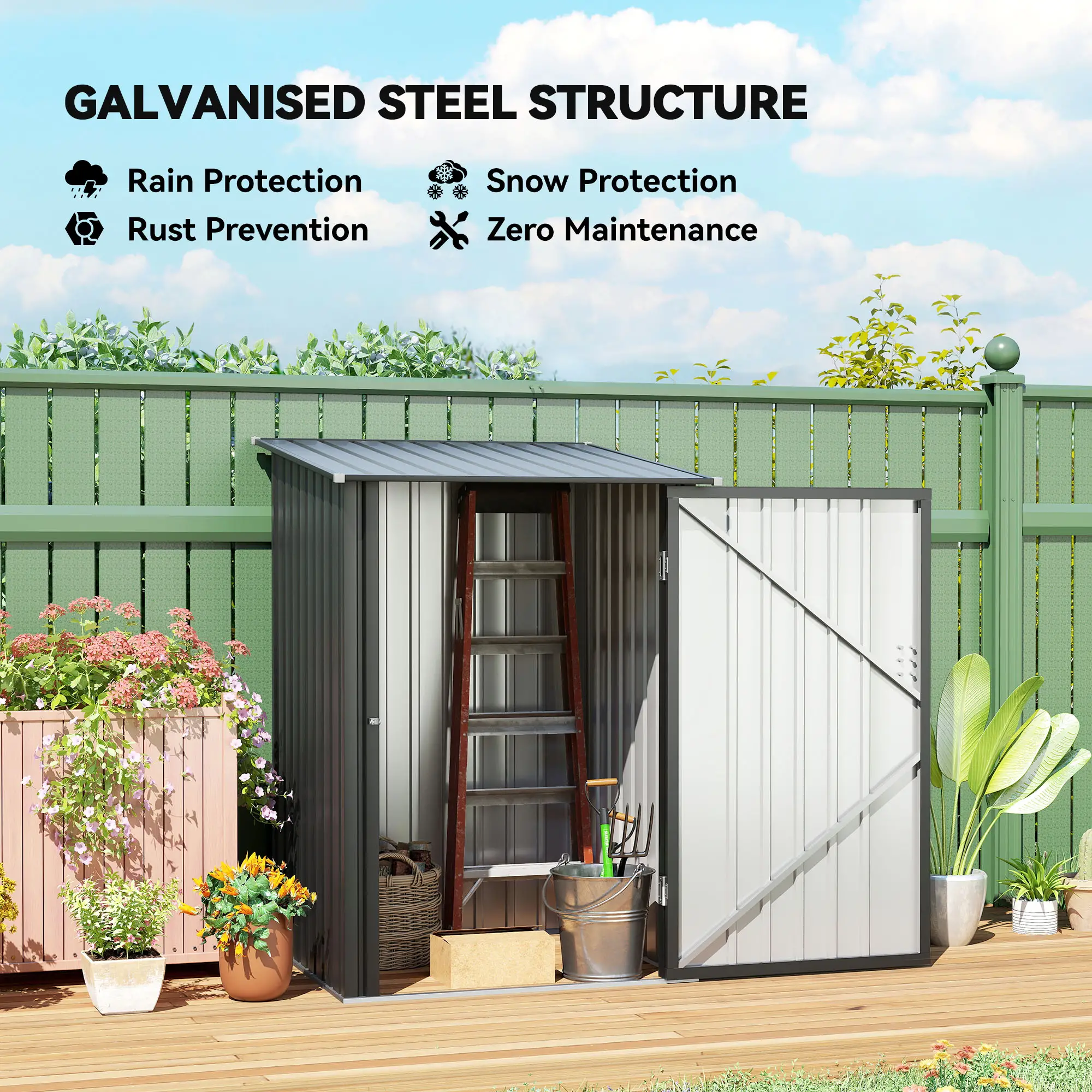 3.3' x 3.4' Lean-To Storage Shed, Galvanized Steel, Lockable Door, Dark Gray - Image 4