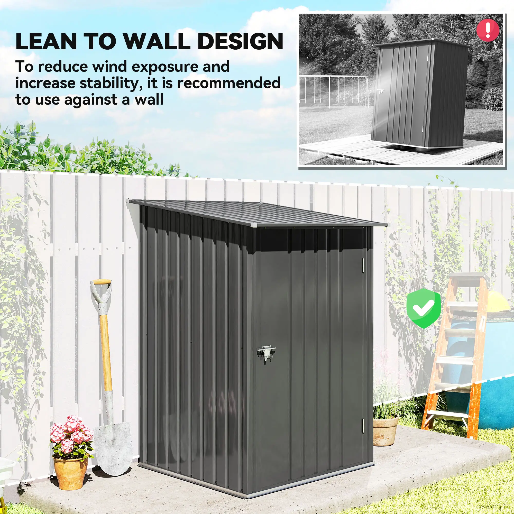 3.3' x 3.4' Lean-To Storage Shed, Galvanized Steel, Lockable Door, Dark Gray - Image 6