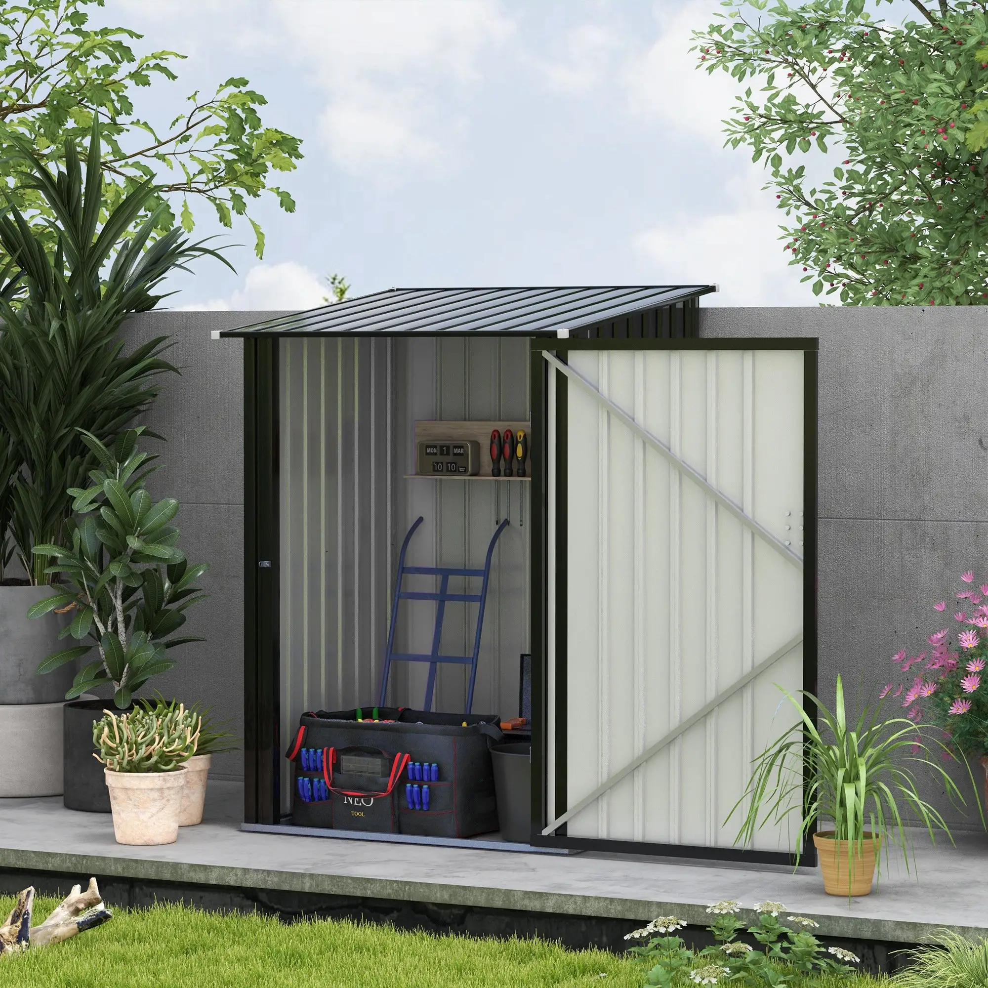 3.3' x 3.4' Lean-To Storage Shed, Galvanized Steel, Lockable Door, Dark Gray - Image 9