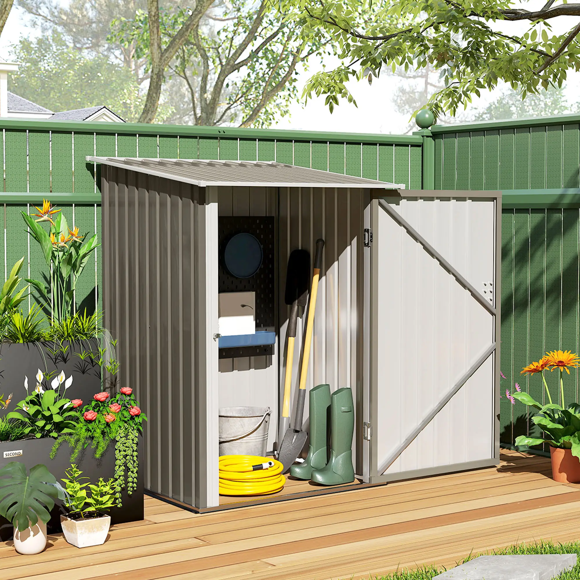 3.3' x 3.4' Outdoor Storage Shed, Galvanized Steel, Lockable Door, Brown and White - Image 8