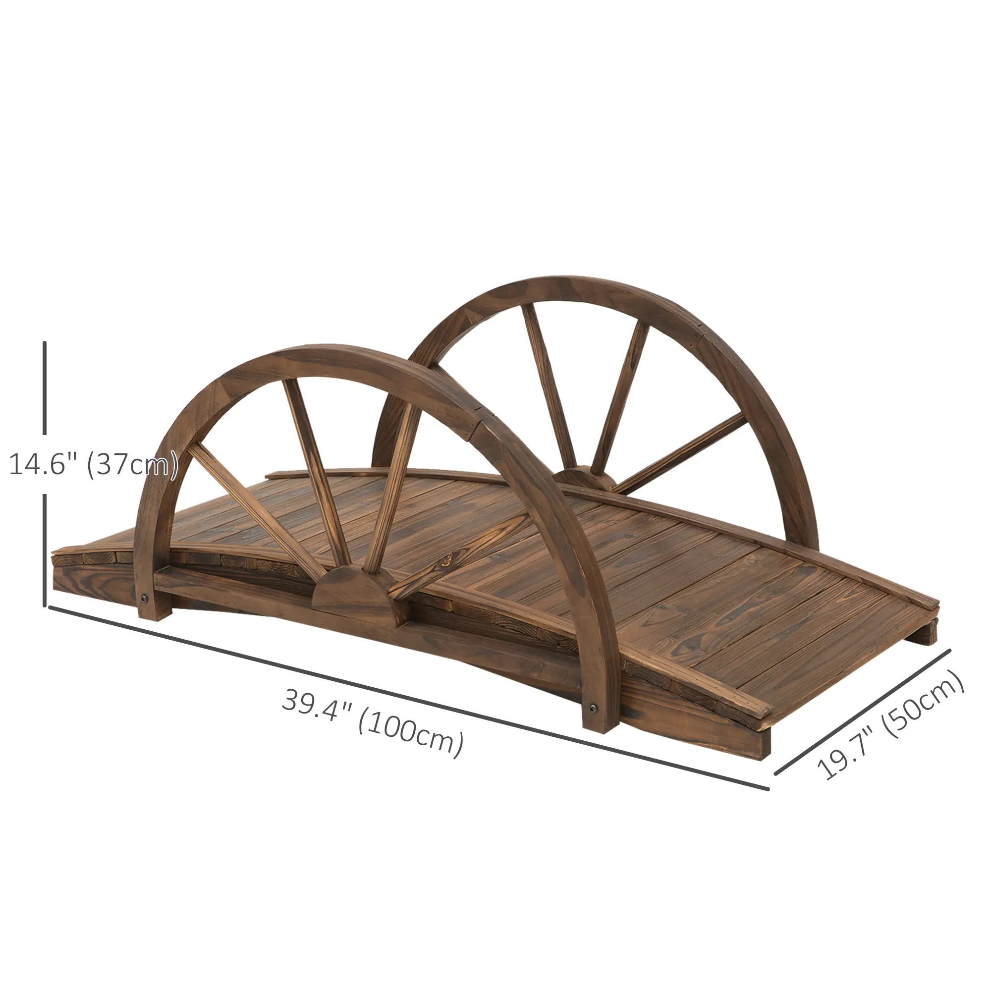 3.3ft Wooden Garden Bridge, Arc Stained Finish, Half Wheeled Railings - Image 3