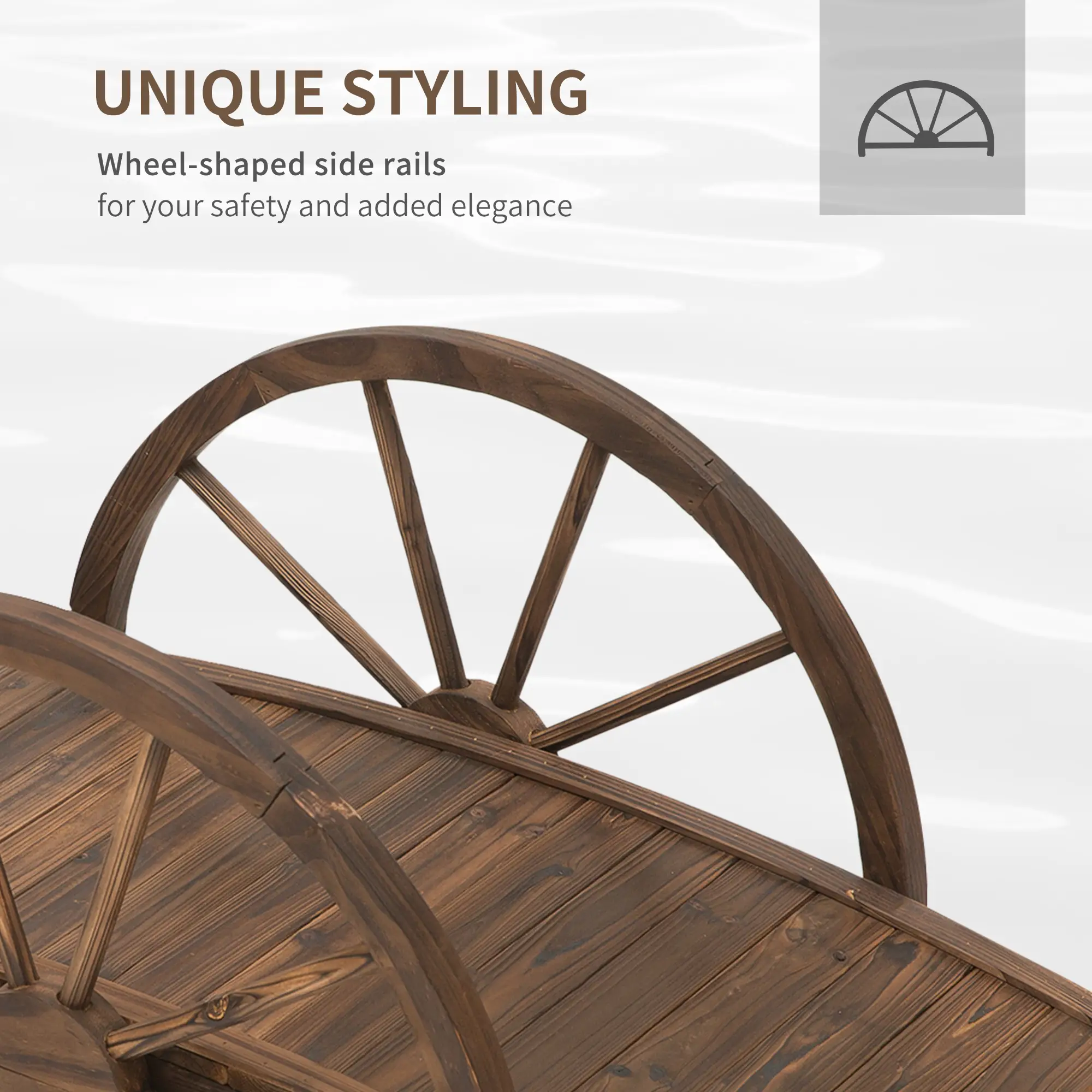 3.3ft Wooden Garden Bridge, Arc Stained Finish, Half Wheeled Railings - Image 4