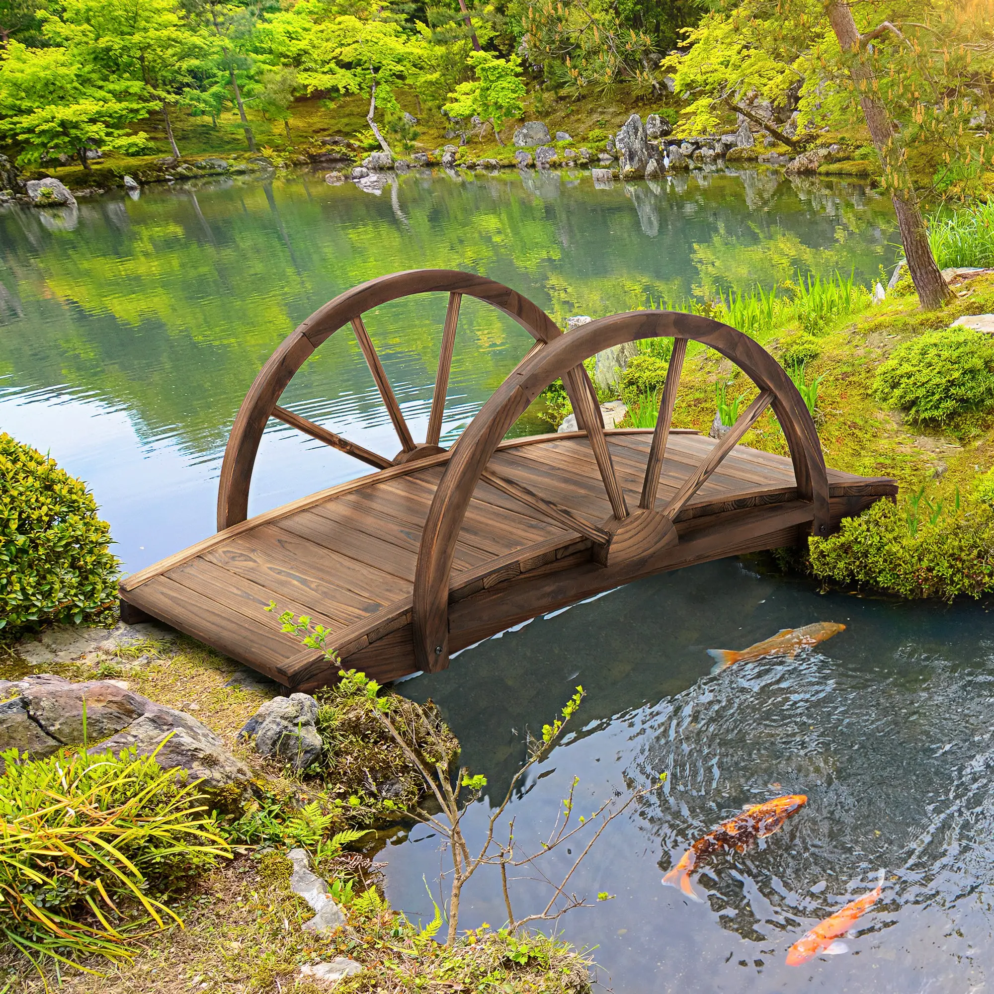 3.3ft Wooden Garden Bridge, Arc Stained Finish, Half Wheeled Railings - Image 7