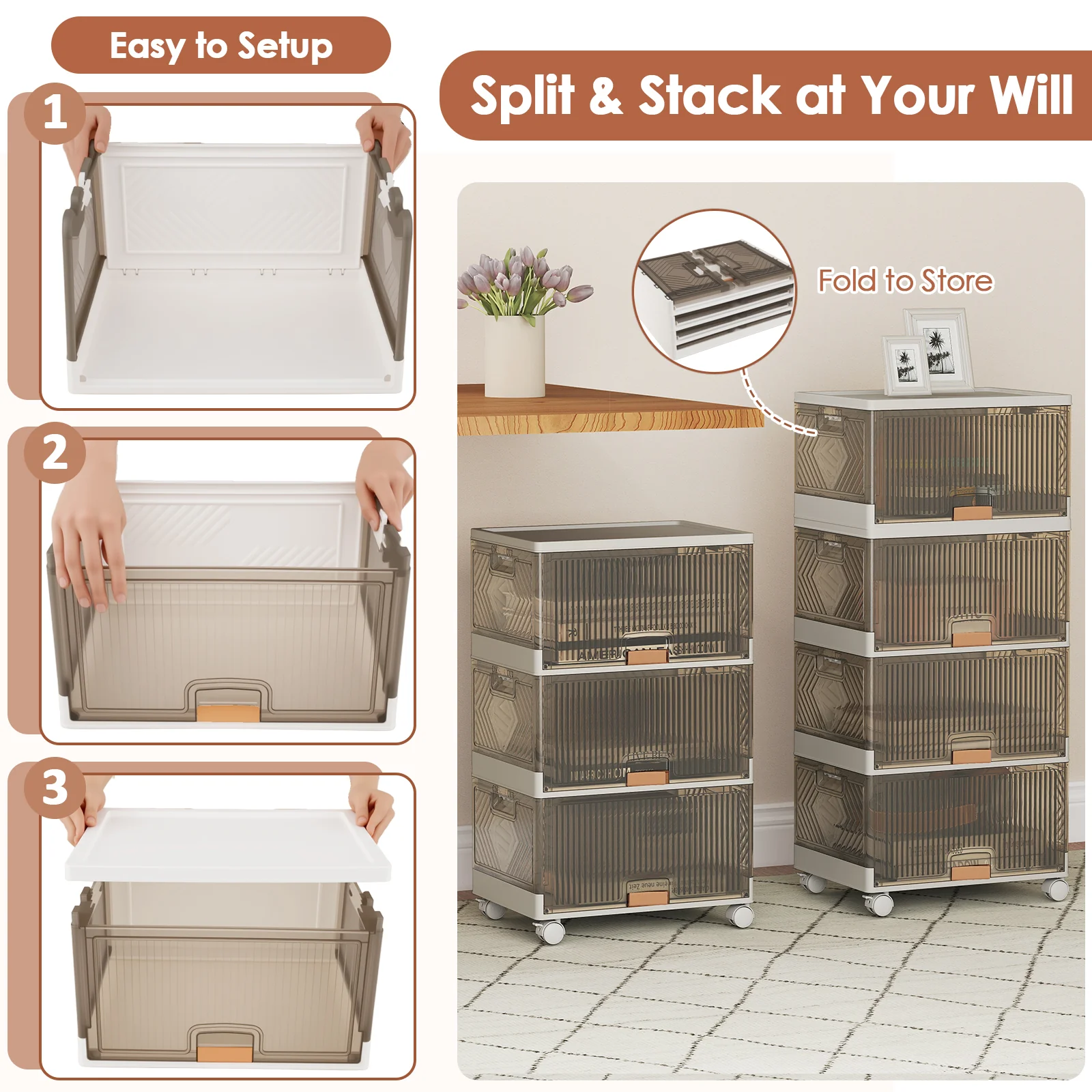 3/4/5/6 Cube Stackable Storage Bins, Detachable Wheels, White - Image 8