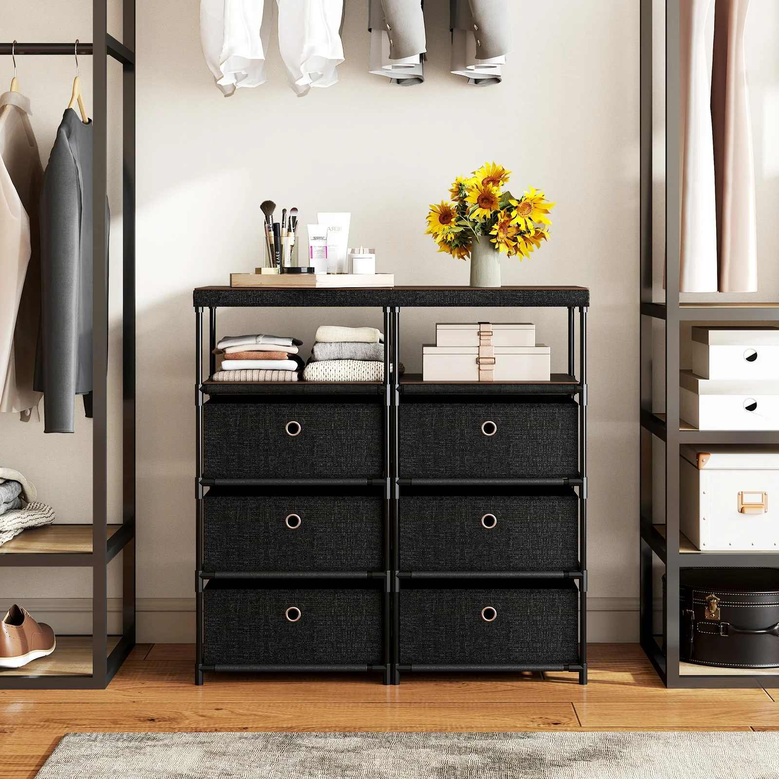 3/4 Drawer Fabric Storage Tower, Wood Top Metal Frame, M, Black - Image 8