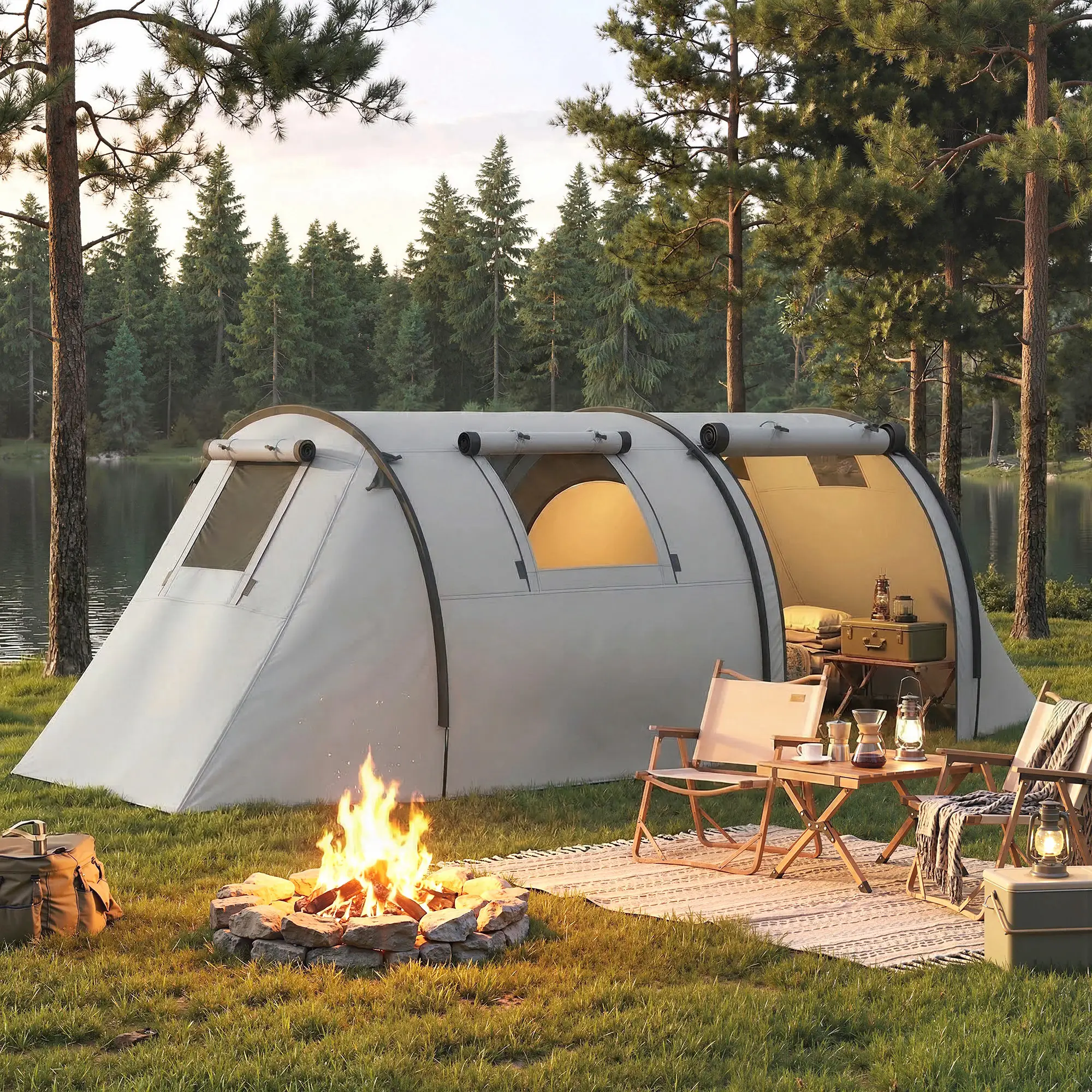 3-4 Person 2 Room Camping Tent 3000mm Waterproof, Grey - Image 2