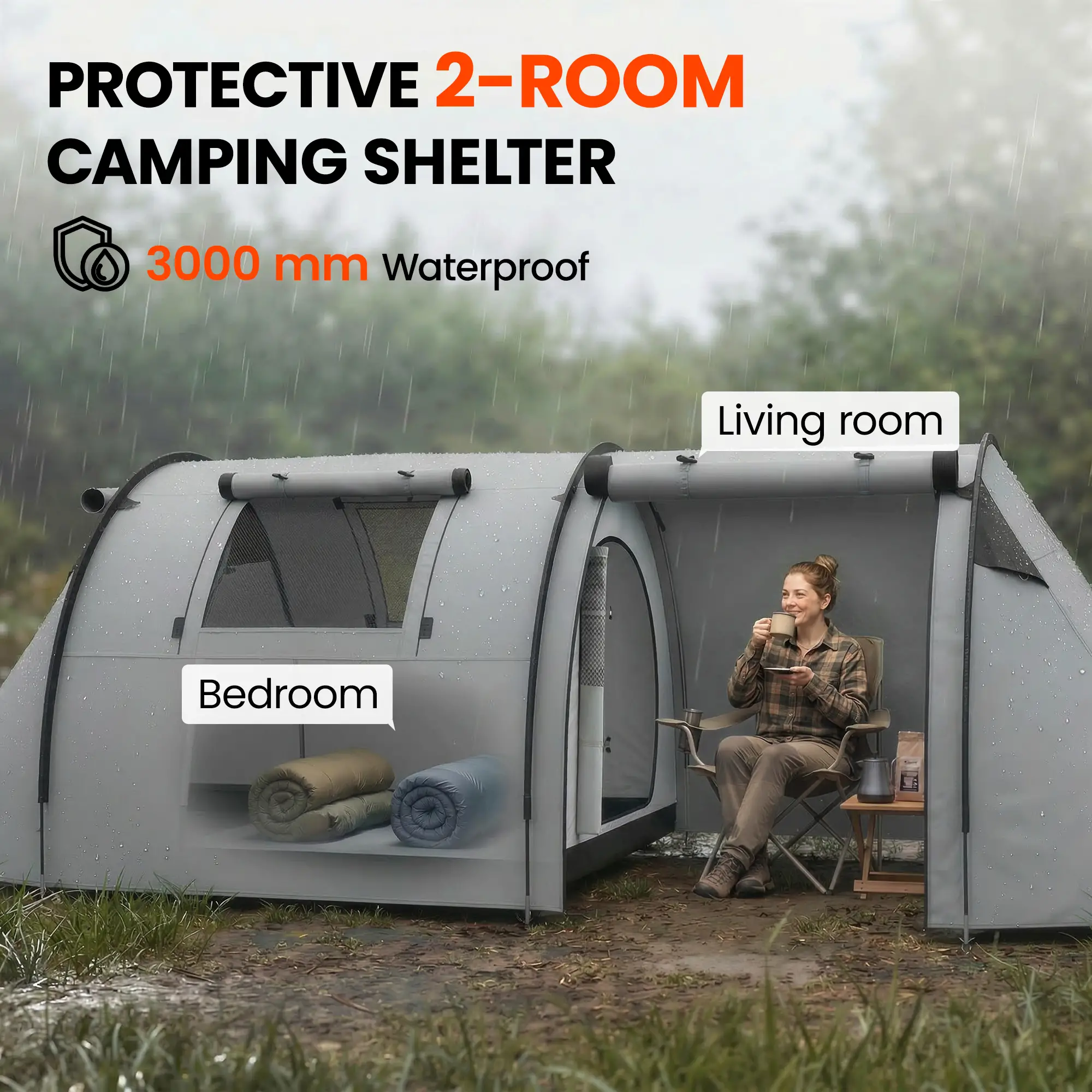 3-4 Person 2 Room Camping Tent 3000mm Waterproof, Grey - Image 4