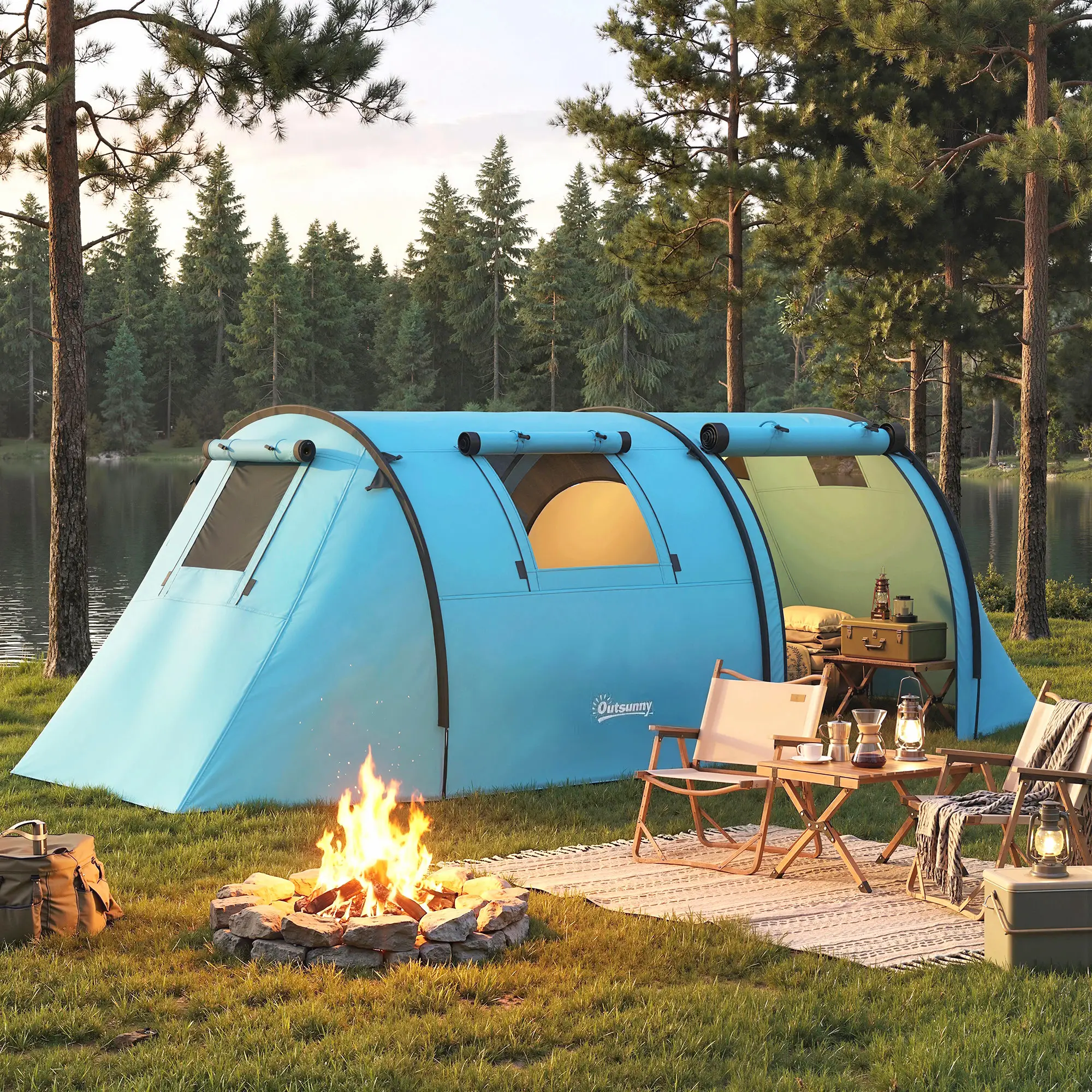 3-4 Person 2 Room Camping Tent, 3000Mm Waterproof, Sky Blue - Image 2