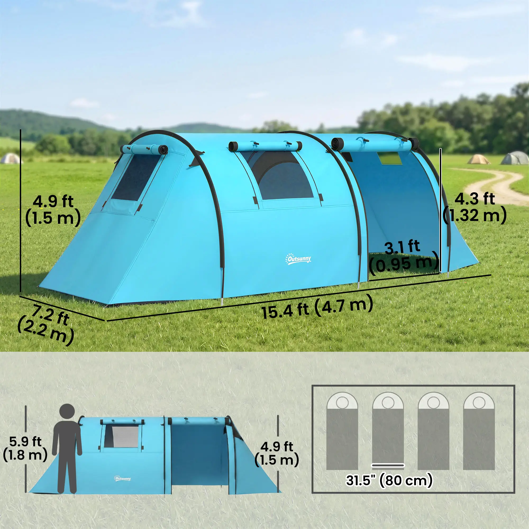 3-4 Person 2 Room Camping Tent, 3000Mm Waterproof, Sky Blue - Image 3