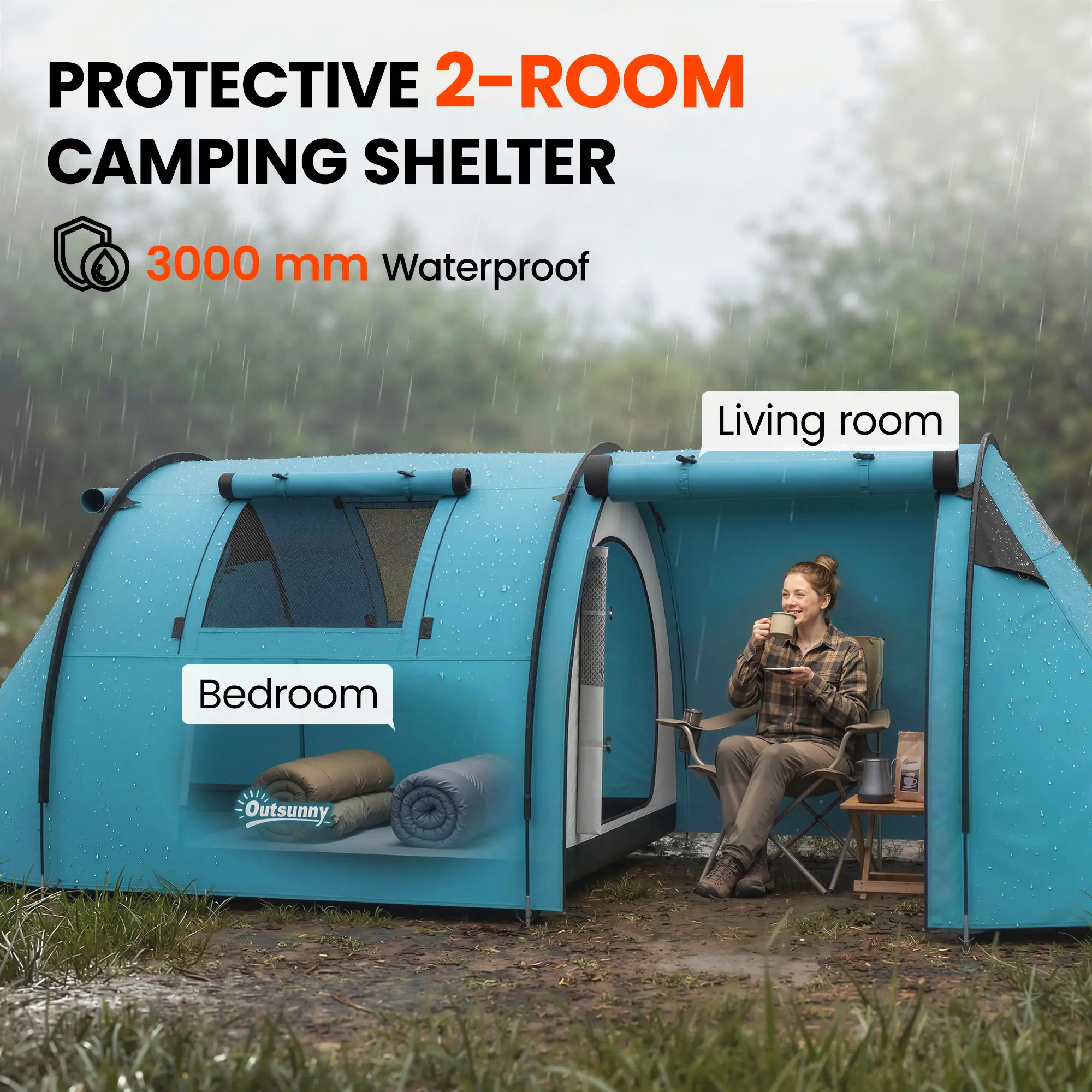 3-4 Person 2 Room Camping Tent, 3000Mm Waterproof, Sky Blue - Image 4