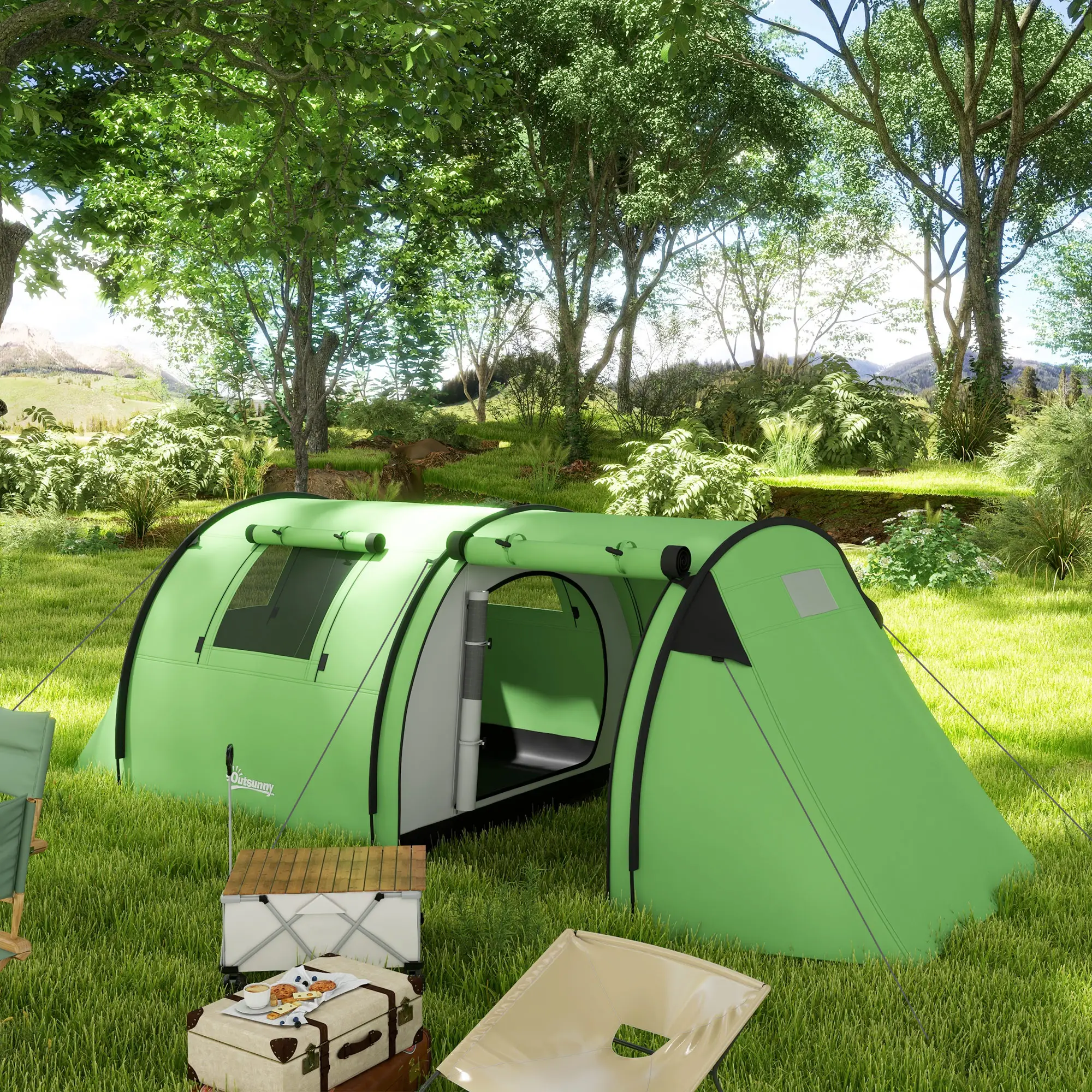 3-4 Person Camping Tent, 2 Rooms, 3000mm Waterproof, Dark Green - Image 2
