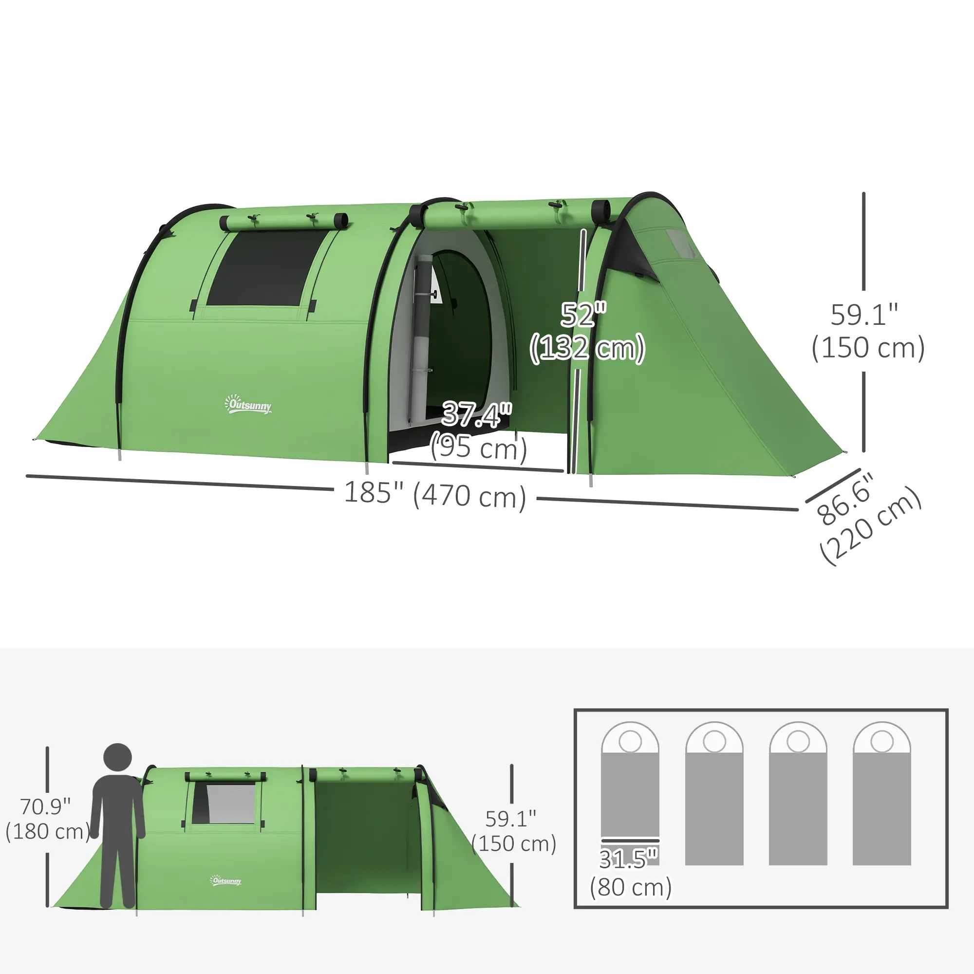 3-4 Person Camping Tent, 2 Rooms, 3000mm Waterproof, Dark Green - Image 3