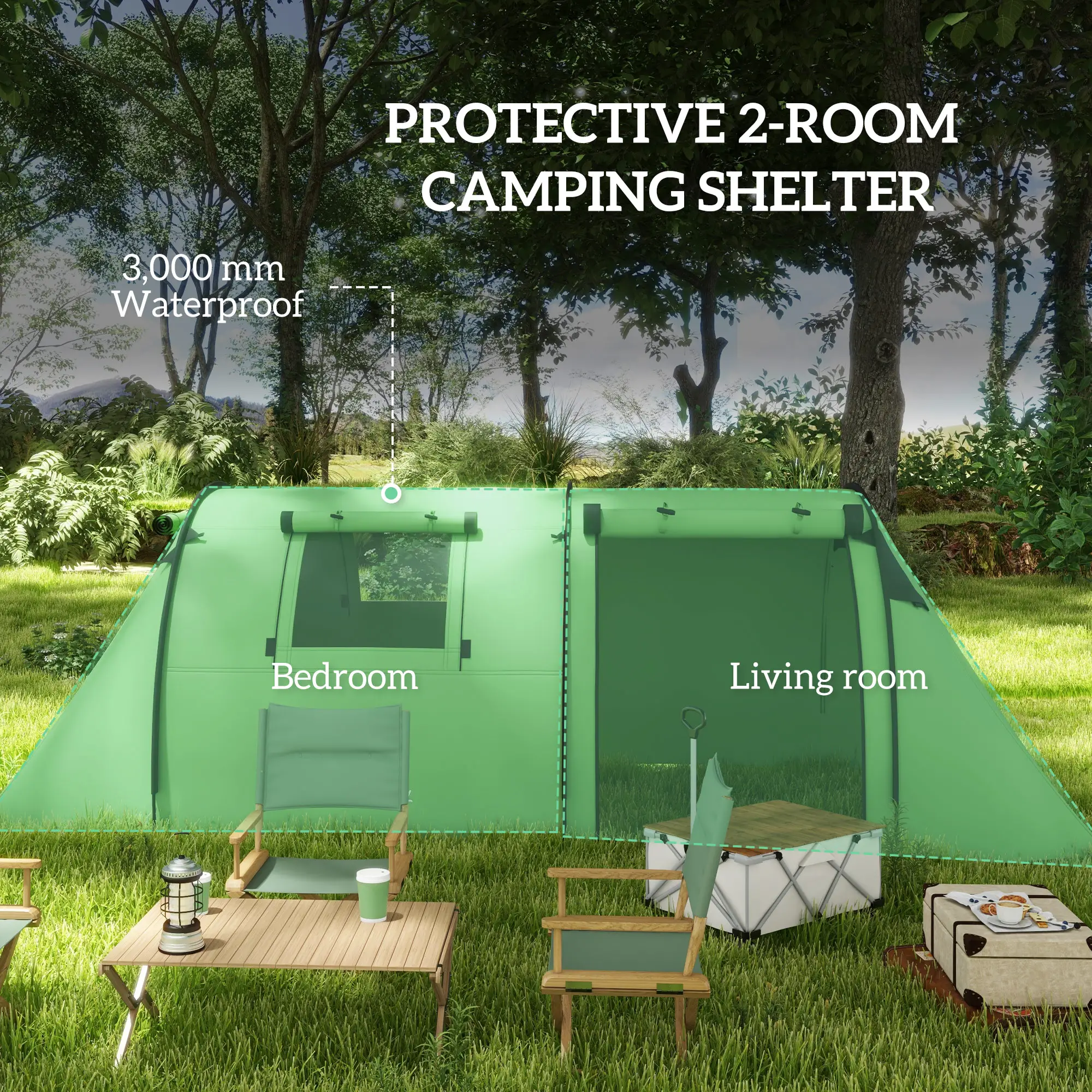 3-4 Person Camping Tent, 2 Rooms, 3000mm Waterproof, Dark Green - Image 4