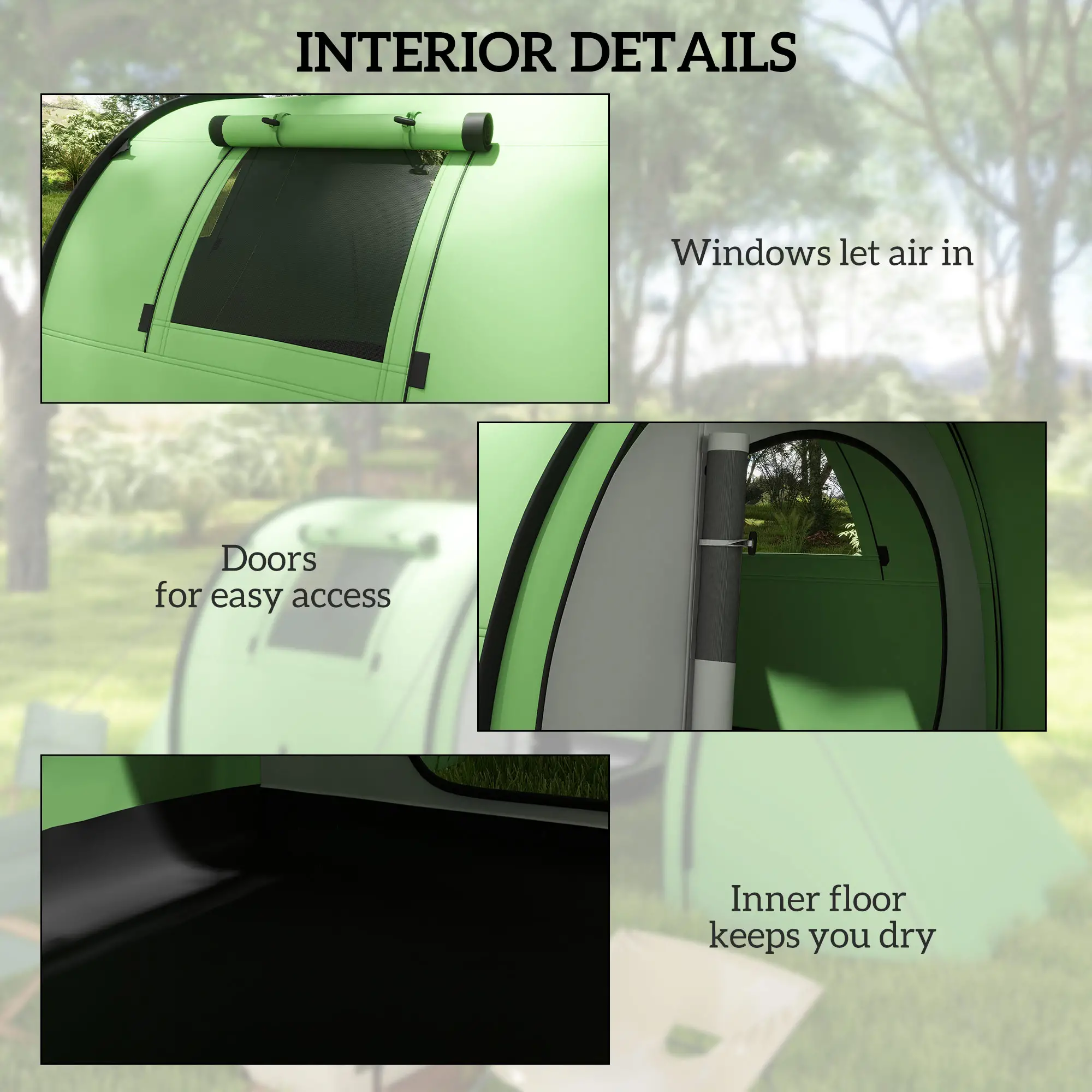 3-4 Person Camping Tent, 2 Rooms, 3000mm Waterproof, Dark Green - Image 6