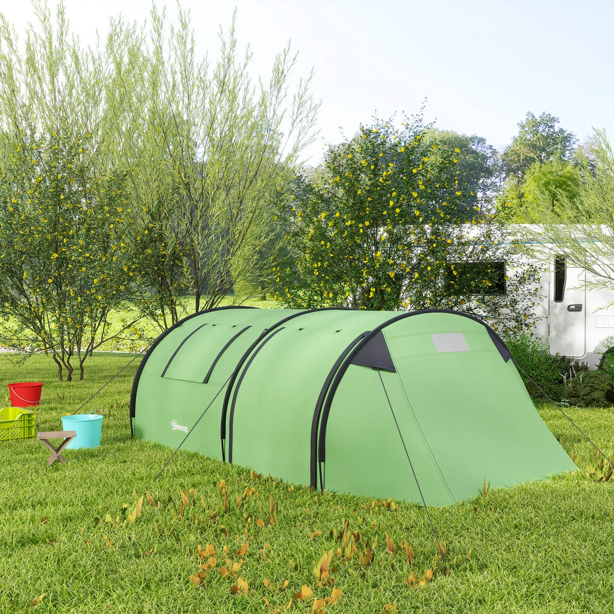 3-4 Person Camping Tent, 2 Rooms, 3000mm Waterproof, Dark Green - Image 8