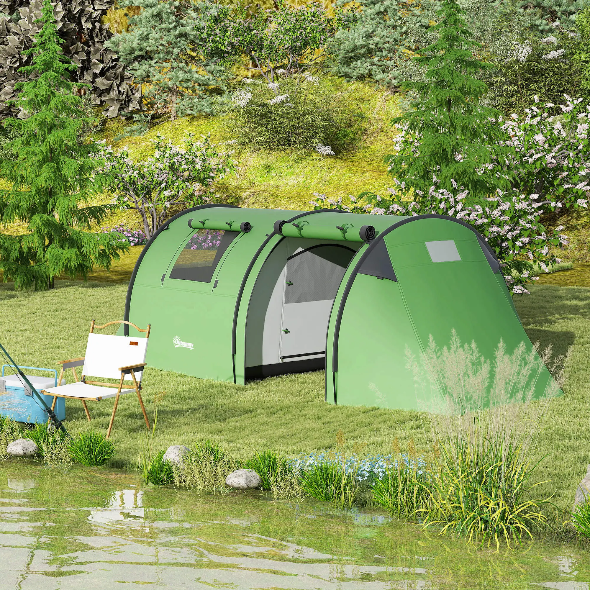 3-4 Person Camping Tent, 2 Rooms, 3000mm Waterproof, Dark Green - Image 9